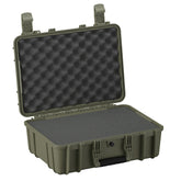 Alt text: "18-inch medium-sized, rugged military green case (Case #801) shown open with egg-crate foam interior in the lid and a flat foam layer in the base, designed for secure storage and protection of delicate items."