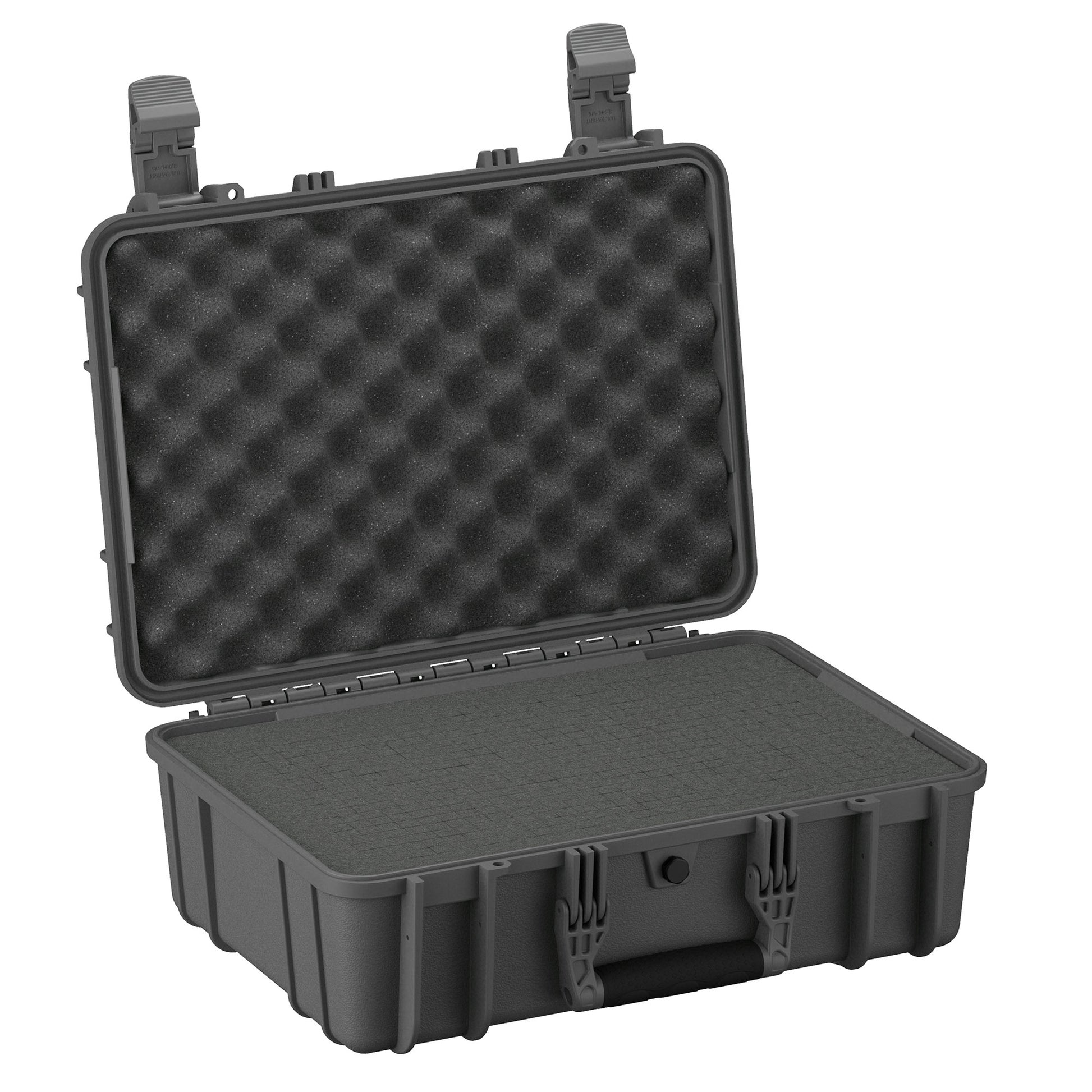 Alt text: "Open 18-inch medium-sized protective case, model #801, with durable black exterior and foam-lined interior, showcasing both layers of foam padding for secure equipment storage."