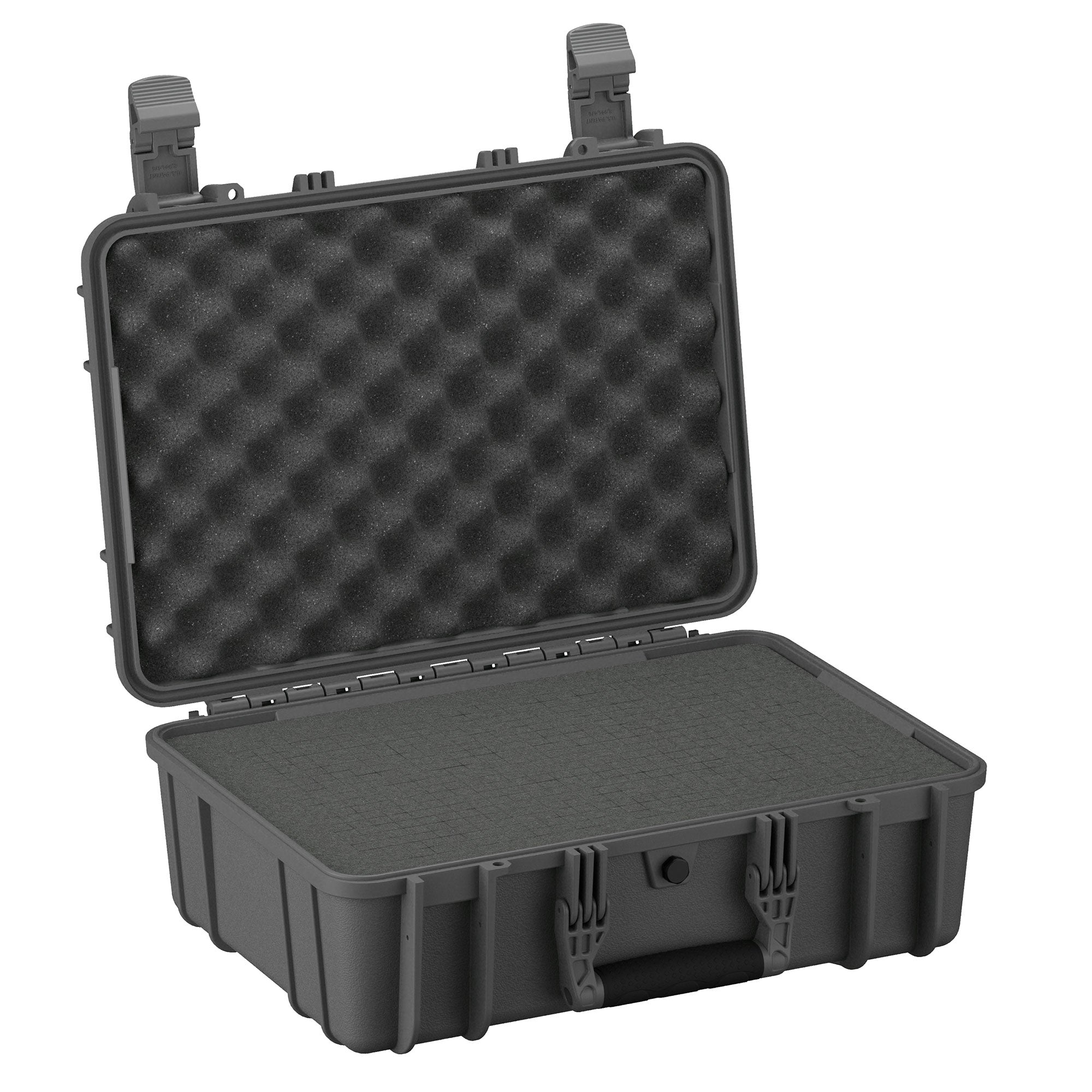 Alt text: "Open 18-inch medium-sized protective case, model #801, with durable black exterior and foam-lined interior, showcasing both layers of foam padding for secure equipment storage."