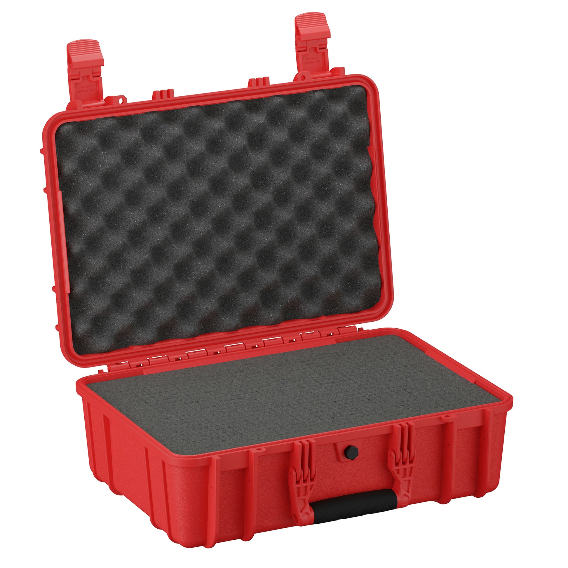 Red hard-shell protective case, 18 inches, open to display black foam inserts with egg-crate foam on the inner lid and a flat foam layer in the base, featuring secure latches and a sturdy handle for carrying.