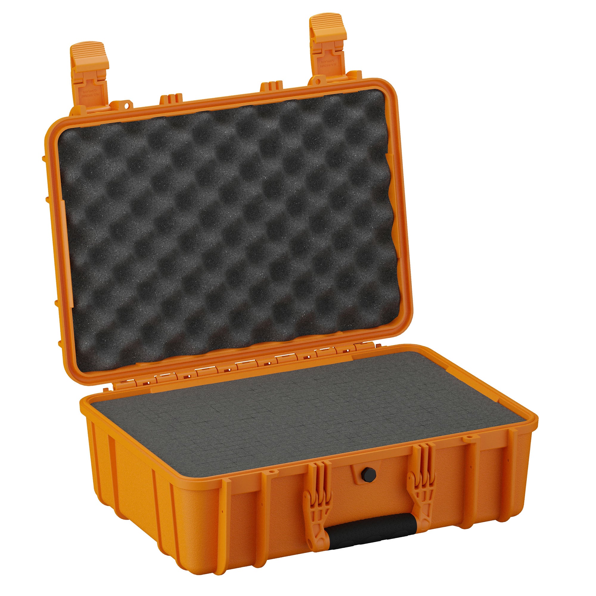 Alt text: "Orange medium-sized protective hard case, model #801, 18 inches, with open lid showing black foam interior with convoluted foam in the top section for cushioning and a flat foam layer in the bottom."