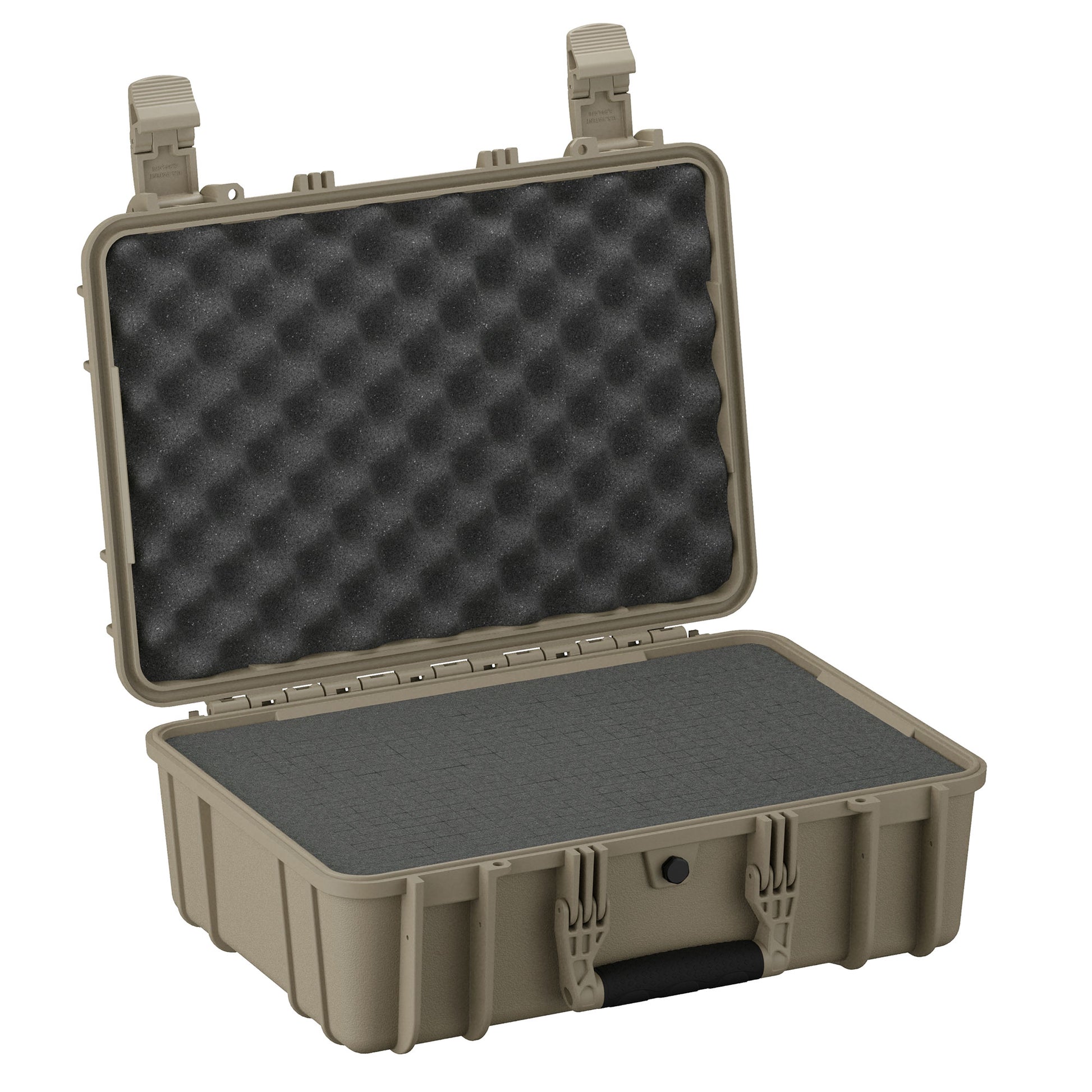 Green 18" medium military-style case (#801) with two rugged latches, opened to display its foam-padded interior designed for equipment protection.