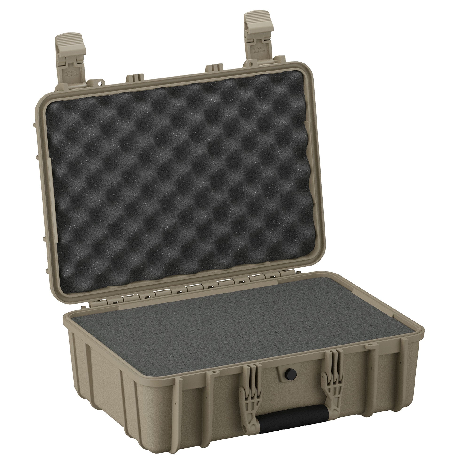 Green 18" medium military-style case (#801) with two rugged latches, opened to display its foam-padded interior designed for equipment protection.