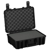 Alt text: "18-inch Medium Case #801, a rugged black protective case opened to display its foam-lined interior, featuring a convoluted foam on the case lid and a flat foam layer in the base."