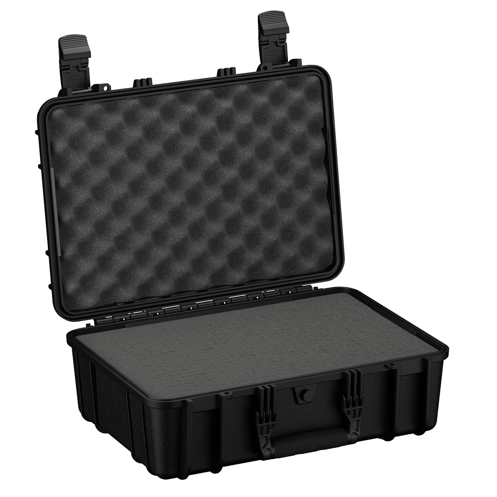 Alt text: "18-inch Medium Case #801, a rugged black protective case opened to display its foam-lined interior, featuring a convoluted foam on the case lid and a flat foam layer in the base."