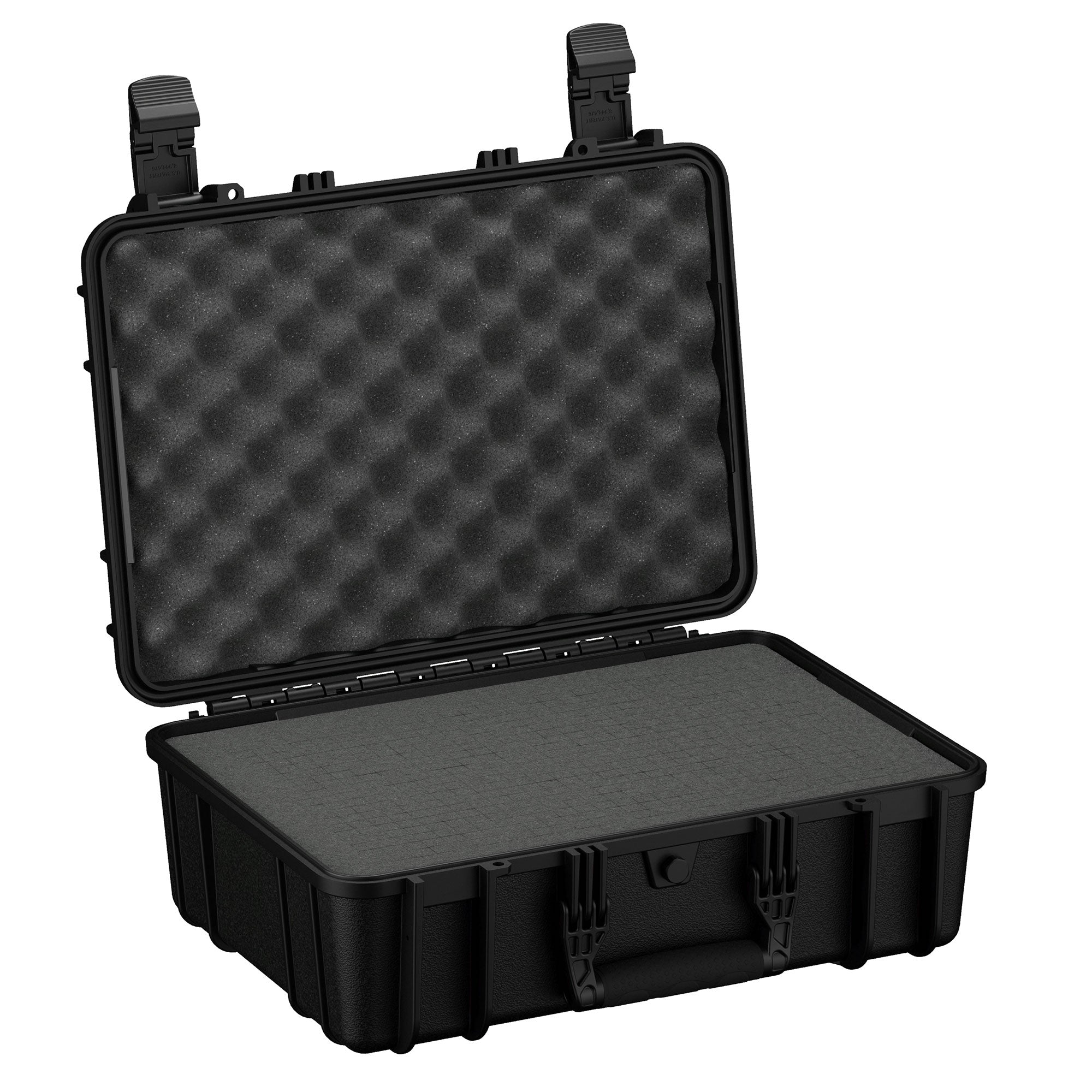 Alt text: "18-inch Medium Case #801, a rugged black protective case opened to display its foam-lined interior, featuring a convoluted foam on the case lid and a flat foam layer in the base."
