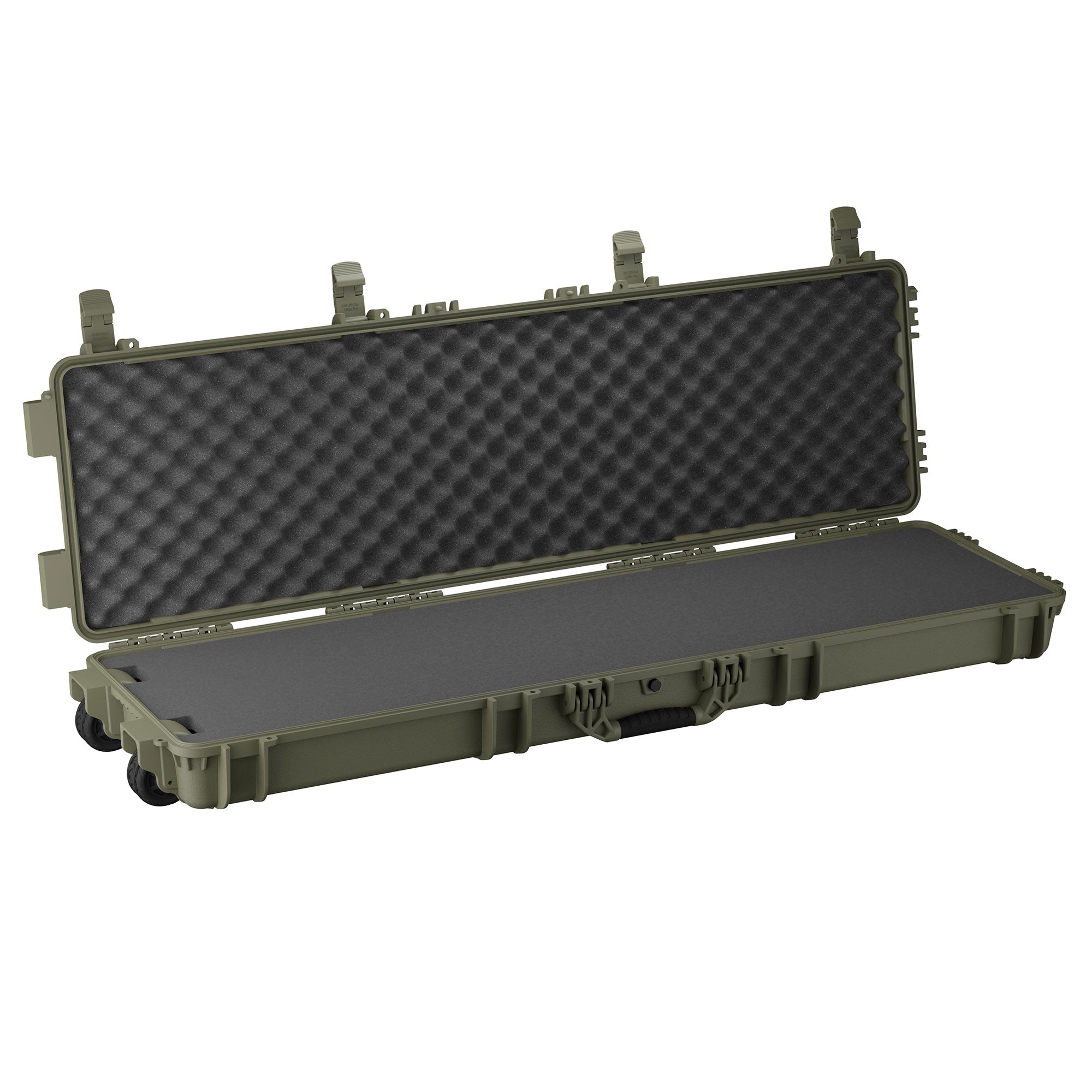 Open 55-inch long, olive green protective case with foam padding and egg crate foam interior for secure storage.