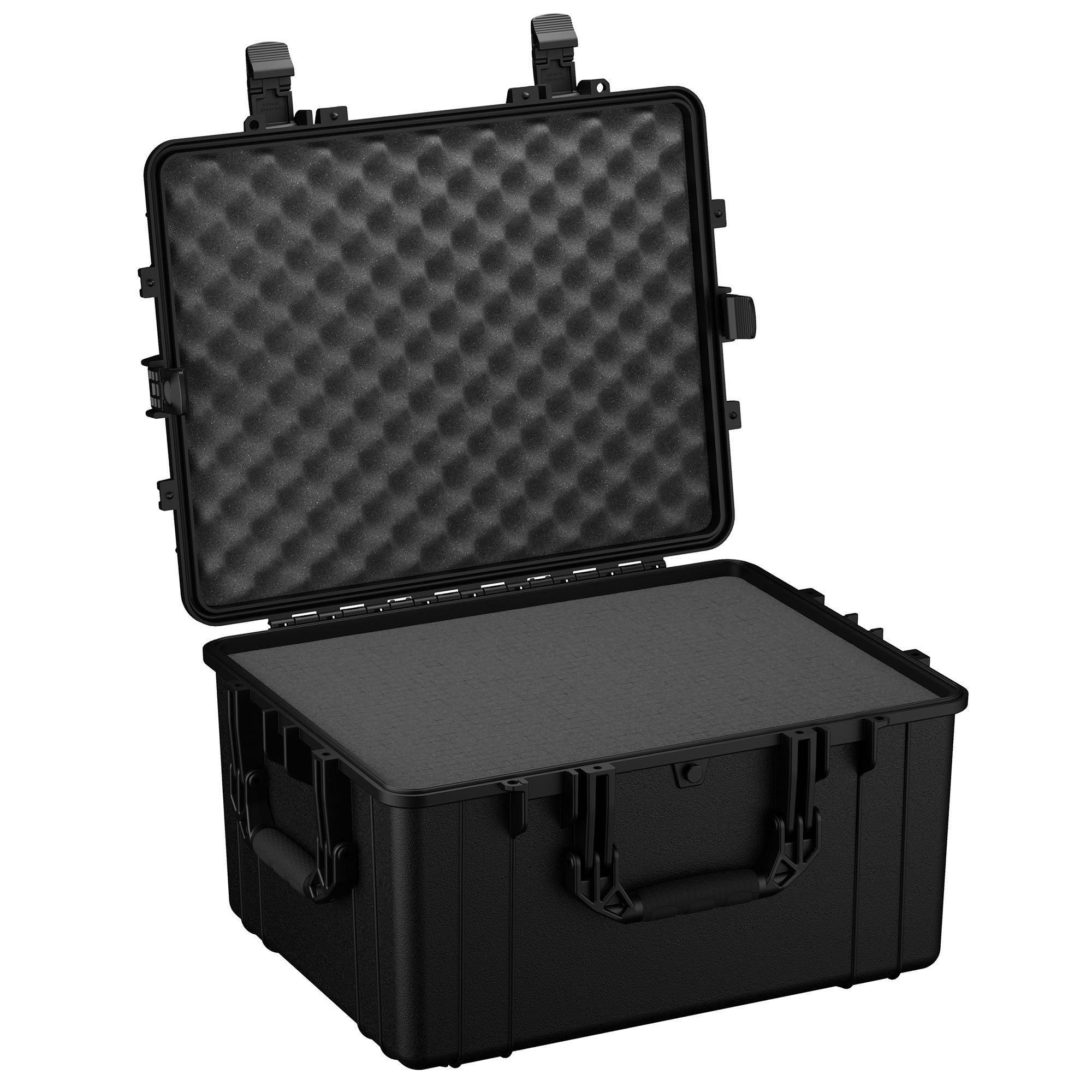 Alt text: "25-inch large black protective case with open lid, featuring a rugged exterior, dual locking clasps, and foam-lined interior for secure storage of items."