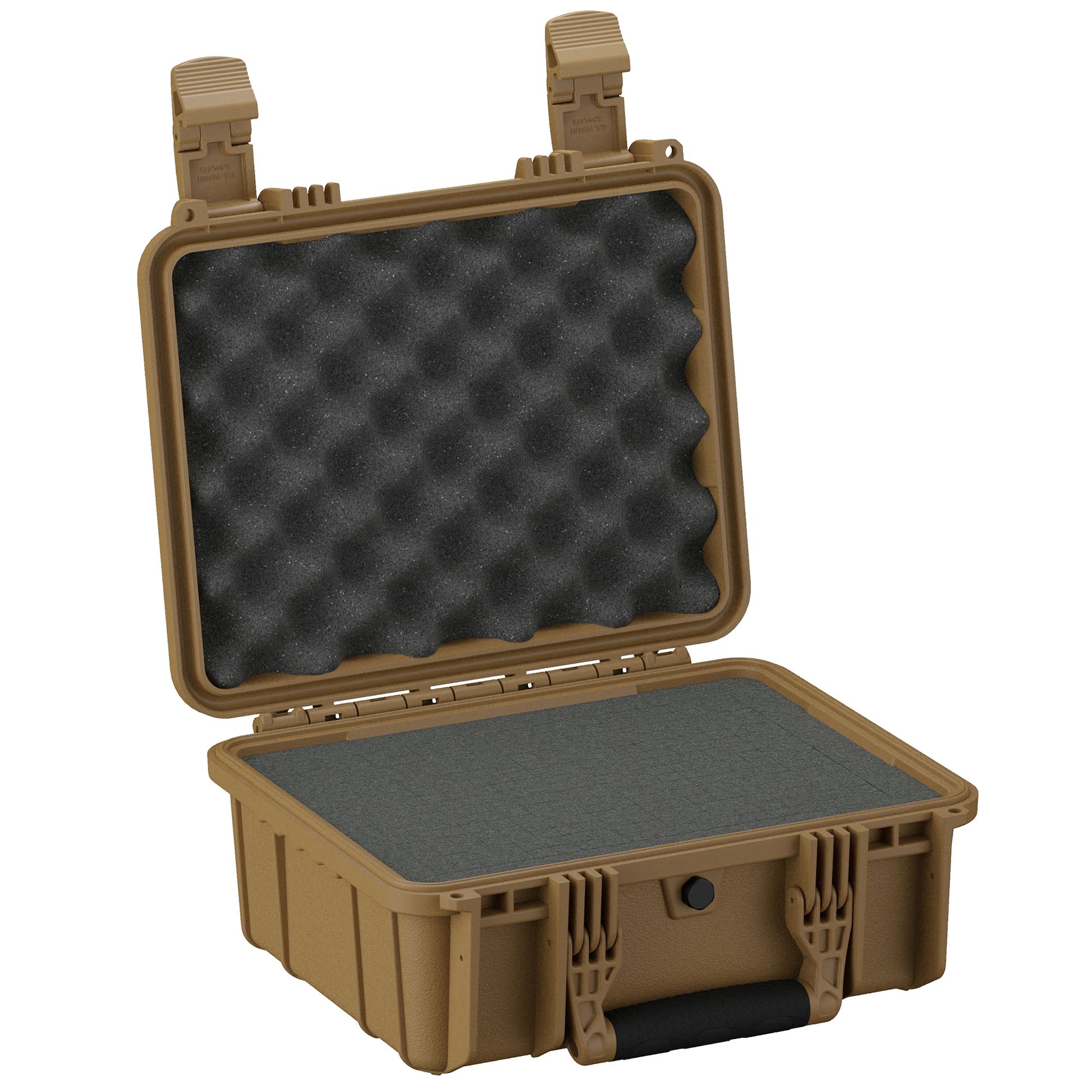Alt text: "14-inch medium-sized rugged case #075 in tan color, open to display the foam-lined interior, ideal for securely storing and protecting fragile items."