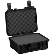 Black 16-inch medium-sized protective case (Case #179) with dual locking clasps, open showing foam interior lining.