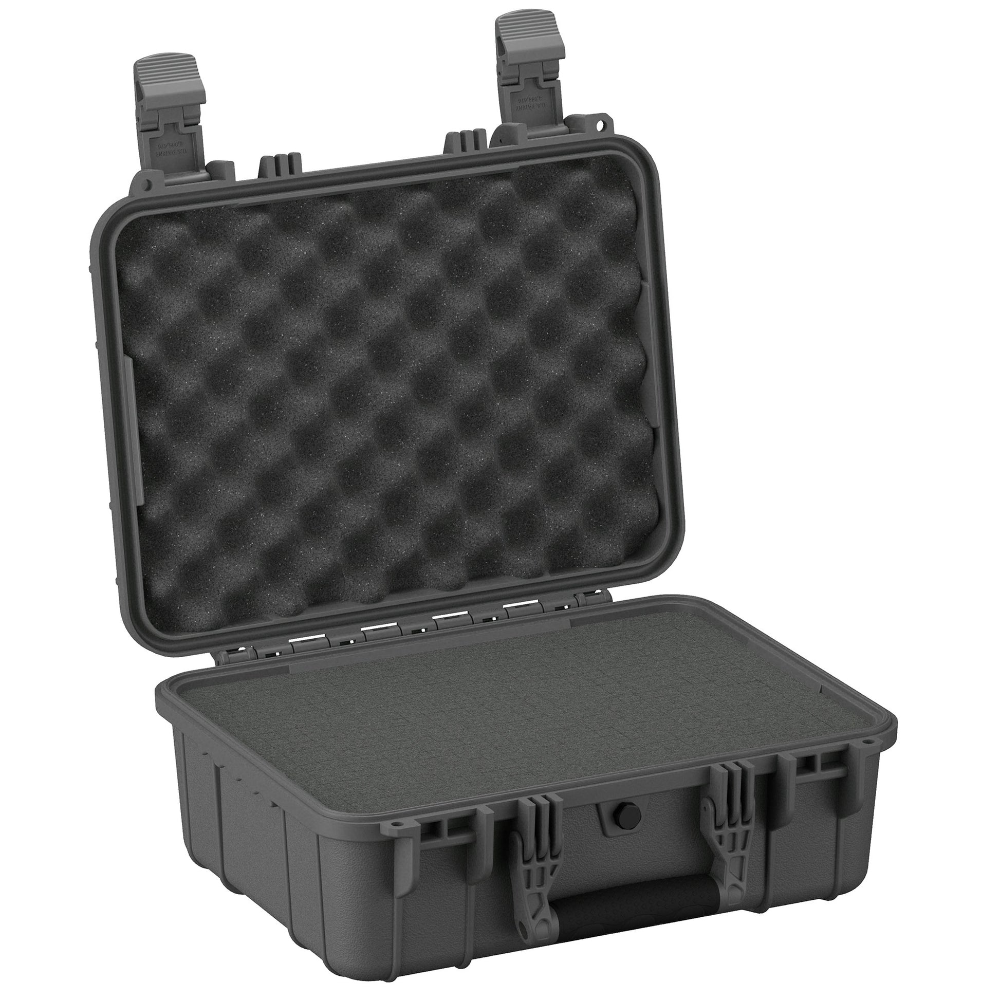 Alt text: "Open 16-inch medium protective case, #179, with egg crate foam interior lining and durable black exterior with sturdy clasps, viewed from a slight angle to show depth and inner design."