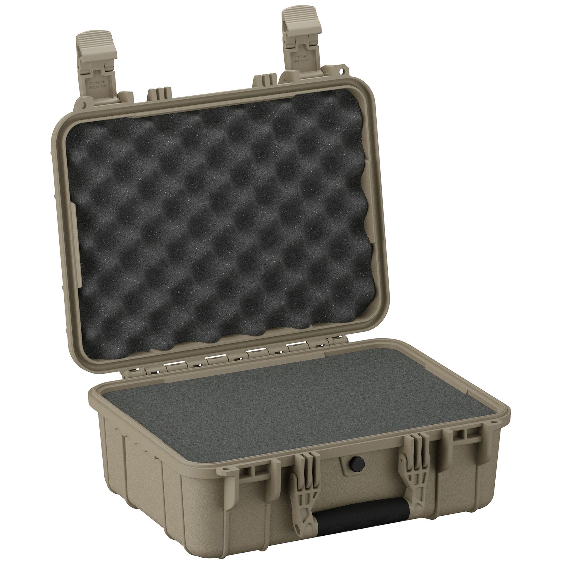 Alt text: "16-inch medium-sized, military green hard case open to display its foam-lined interior, featuring securely locking latches and a rugged exterior, ideal for protecting delicate equipment."
