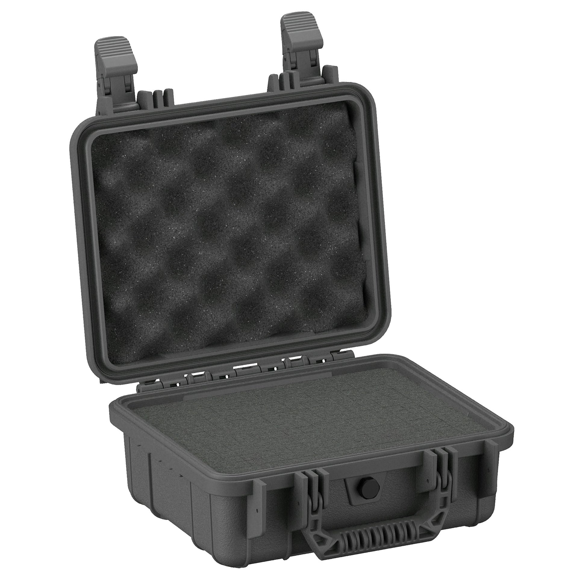11-inch small rugged protective case open to show foam interior, featuring black exterior with secure latches and durable handle.
