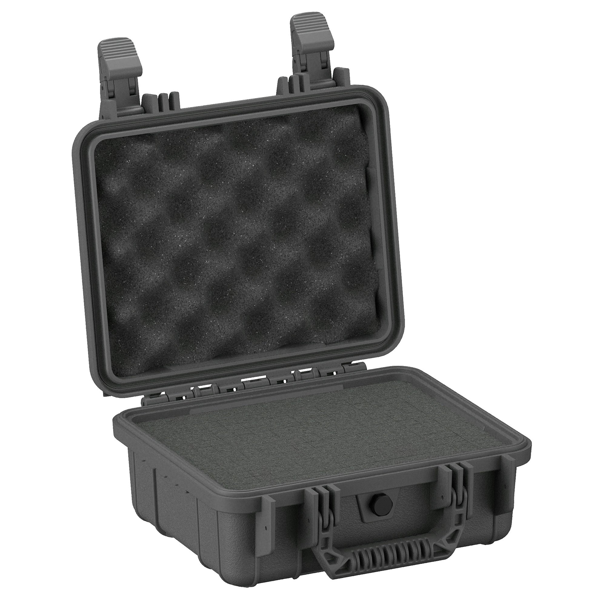 11-inch small rugged protective case open to show foam interior, featuring black exterior with secure latches and durable handle.