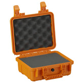 Orange protective hard case with foam interior, open and displaying customizable foam inserts, featuring sturdy latches and handle.