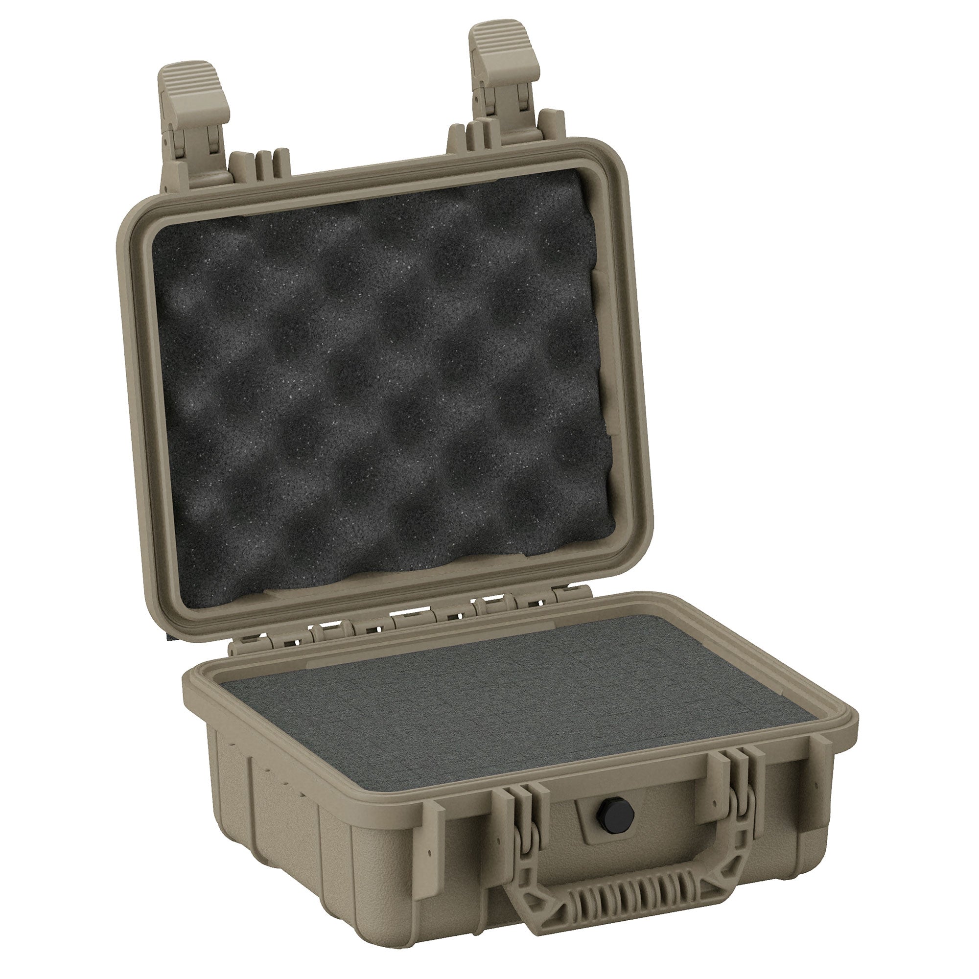 Alt text: "11-inch small protective case, model #184, in olive green, featuring a rugged exterior and dual latches with a foam-lined interior visible in the open lid."