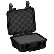 Alt text: "11-inch black protective small case, model #184, open to show textured foam interior padding both in the base and the lid, with durable black latches on the sides."