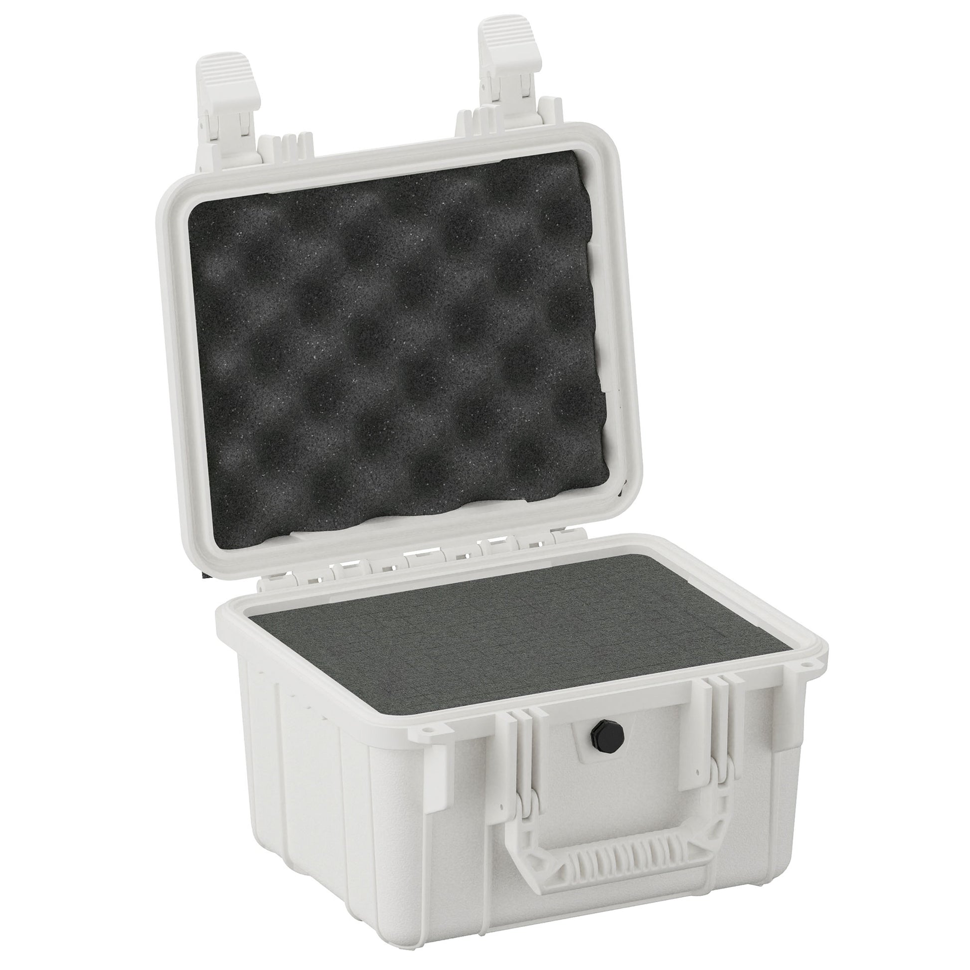 Alt text: "11-inch white protective small case (Model #185) open, revealing internal foam padding. The case features robust latches and a handle, ideal for sensitive equipment storage."