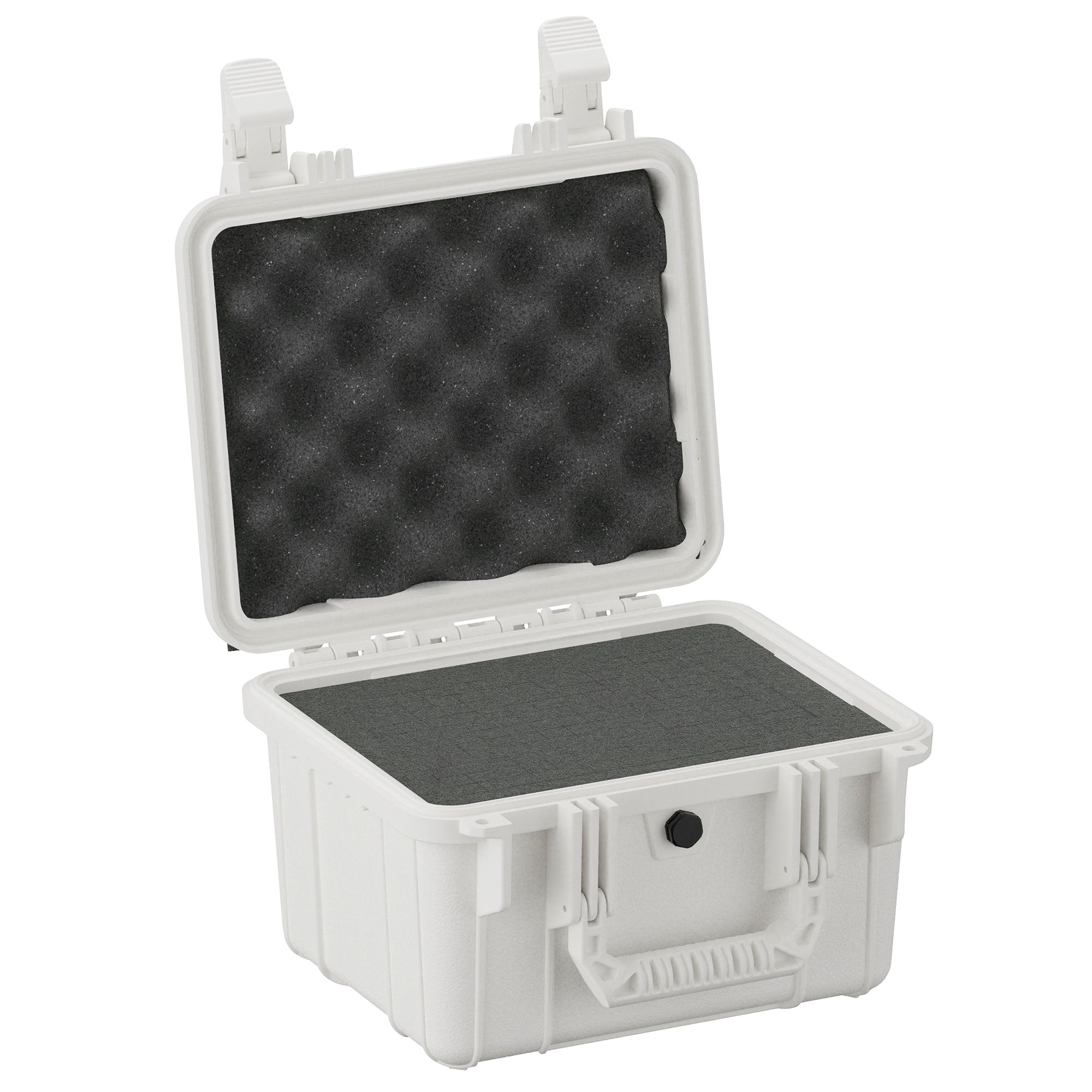 Alt text: "11-inch white protective small case (Model #185) open, revealing internal foam padding. The case features robust latches and a handle, ideal for sensitive equipment storage."