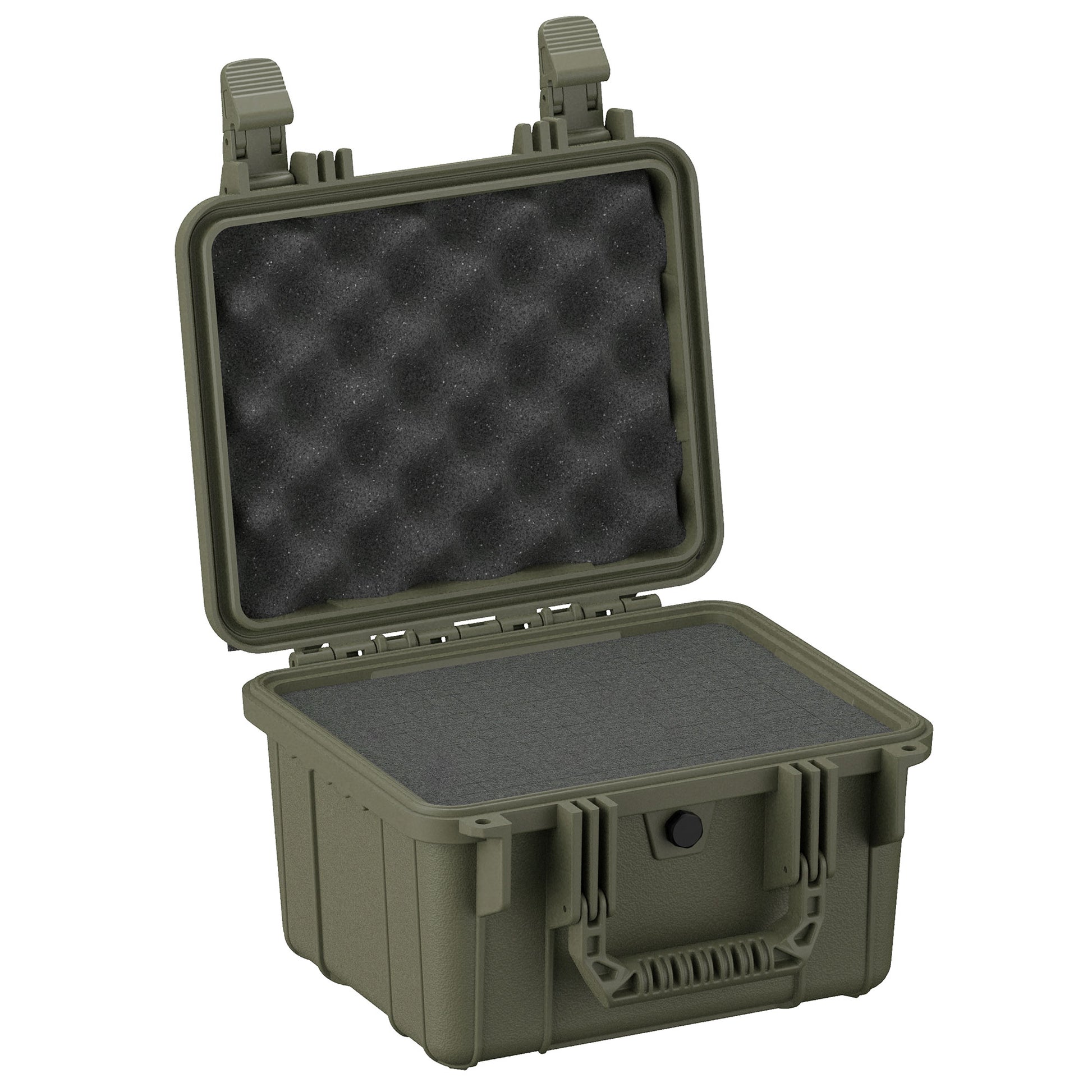 Alt text: "Olive green 11-inch protective case (#185) with open lid showing foam inserts, designed for secure storage and transportation of sensitive items."
