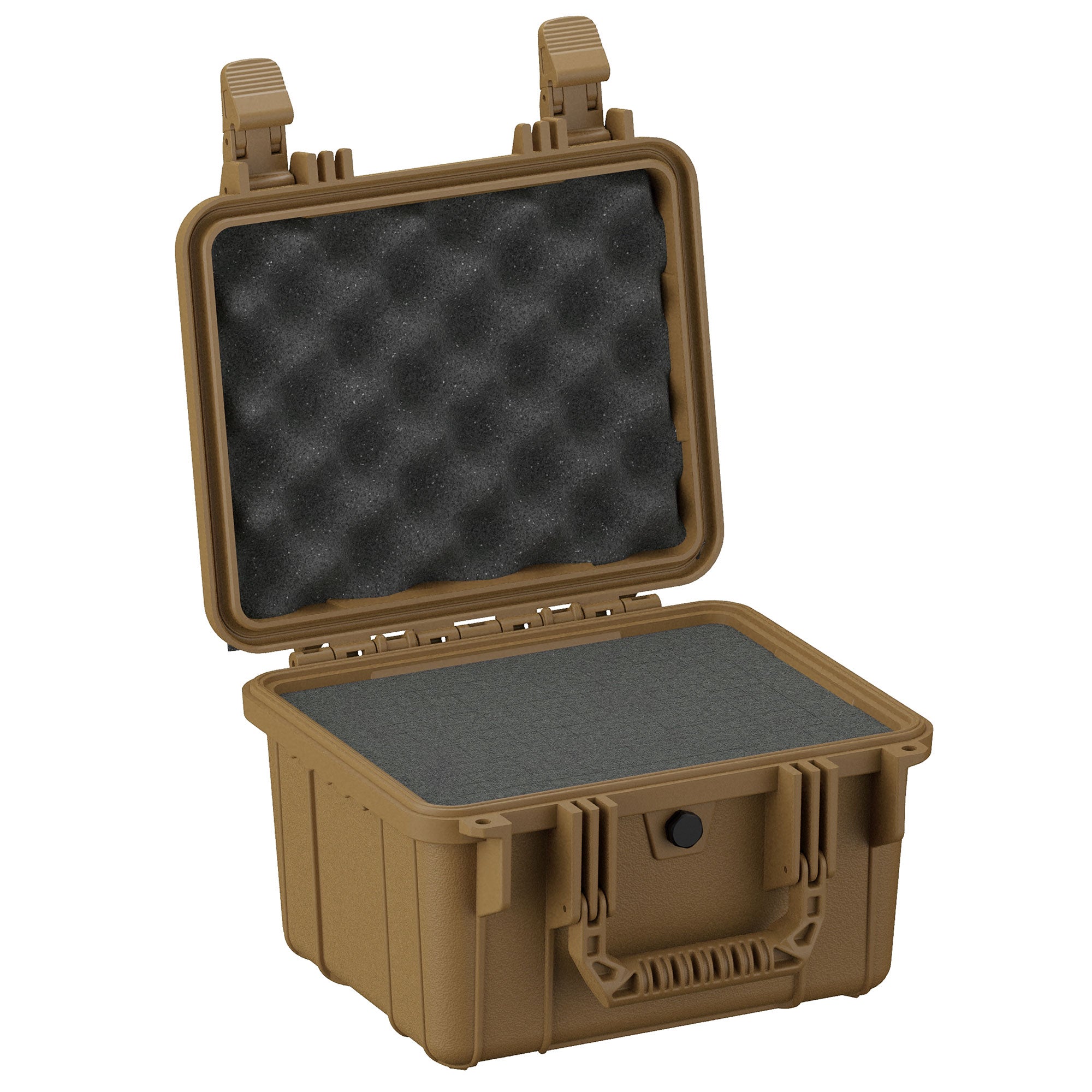 Alt text: "Open 11-inch small protective case in desert tan color, featuring sturdy clasps and interior foam padding, suitable for securing delicate items."
