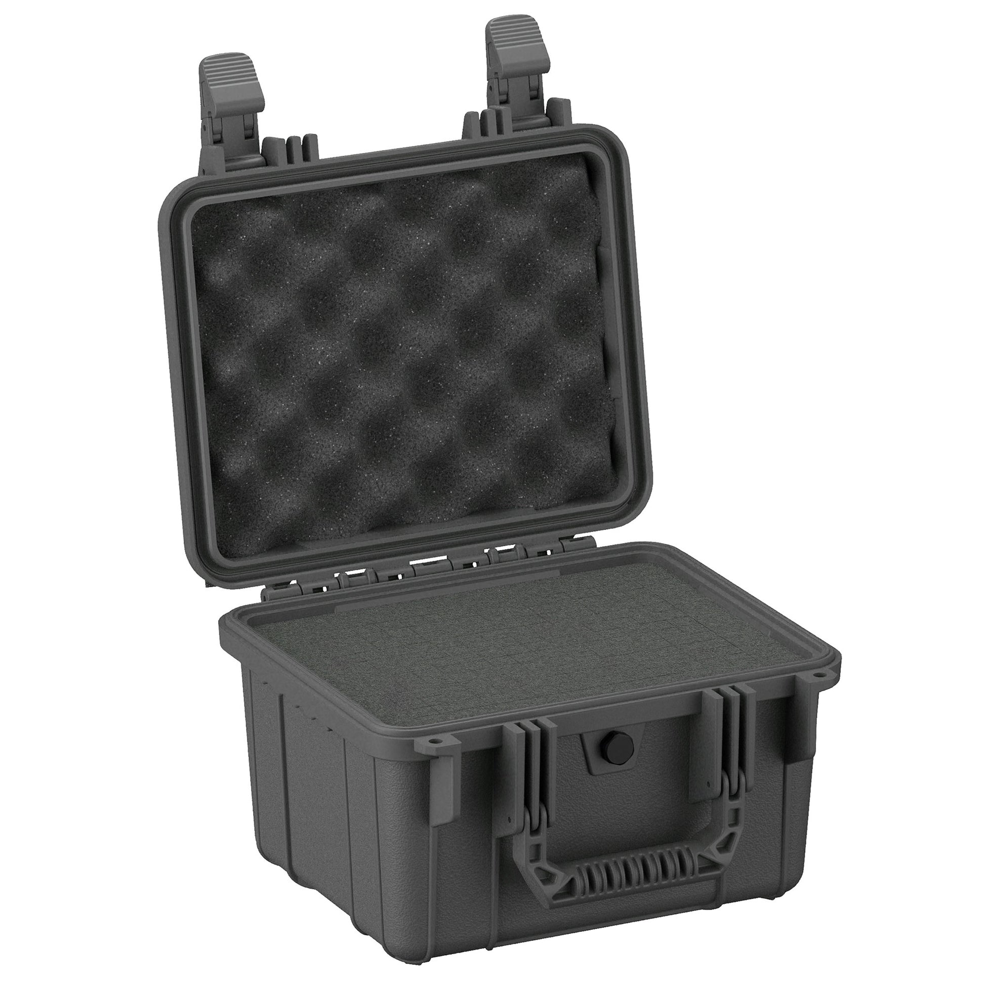 Alt text: "11-inch small, rugged protective case open, displaying foam inserts on both the base and the lid, designed for secure storage and transportation of delicate items."