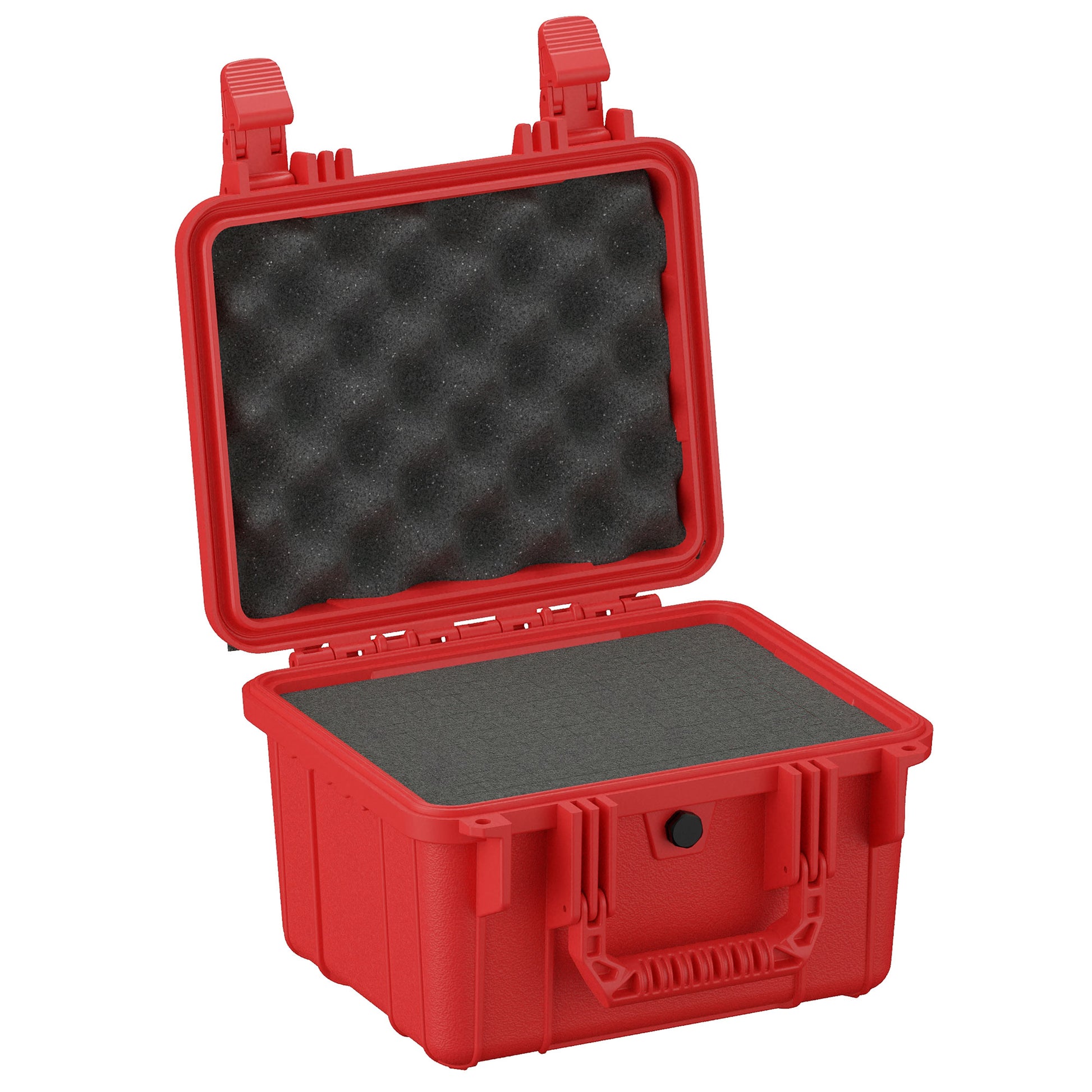 Alt Text: "Red protective hard case, 11 inches in size, opened to show grey foam padding both in the base and lid, designed for secure storage of sensitive items."