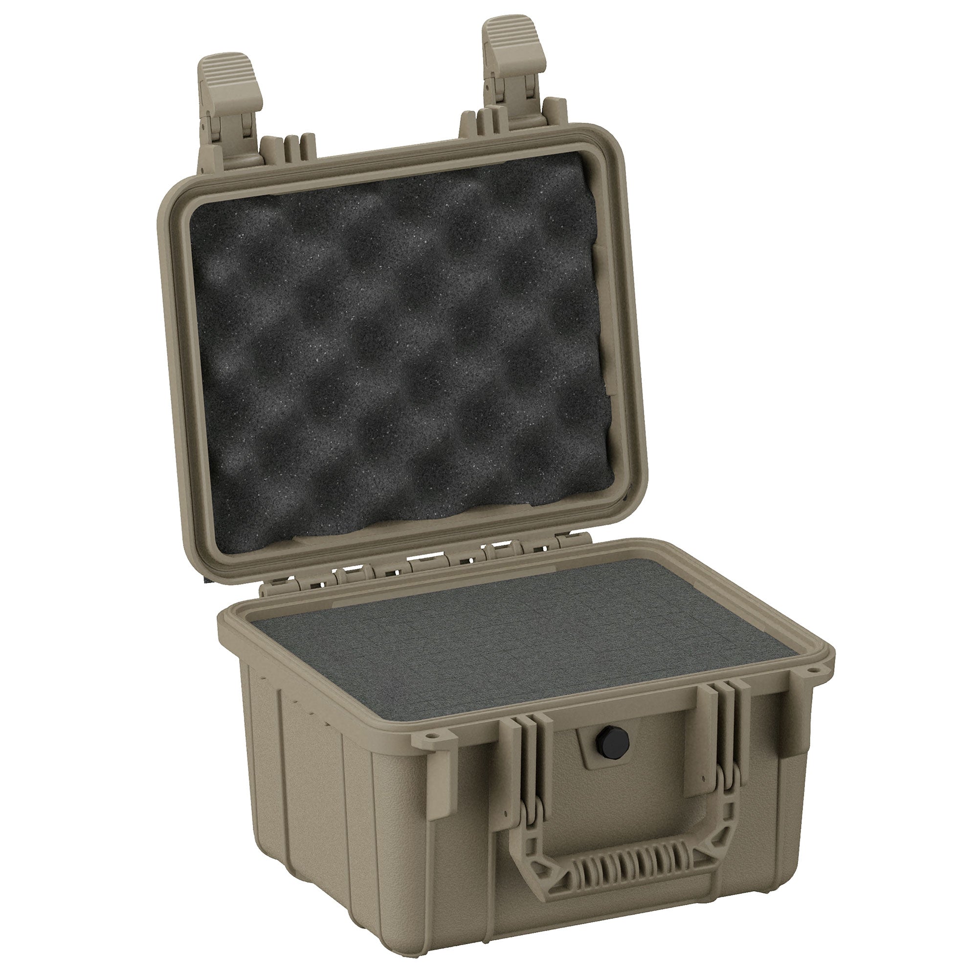 Alt text: "Durable 11-inch small protective case in olive green, featuring a rugged exterior, secure latches, and a foam-padded interior for cushioning, open and standing upright to display both sections."