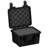 Alt text: "11-inch small black protective hard case, model #185, with foam inserts, open showing both the base and the egg-crate foam-lined lid, featuring rugged exterior and secure latches."
