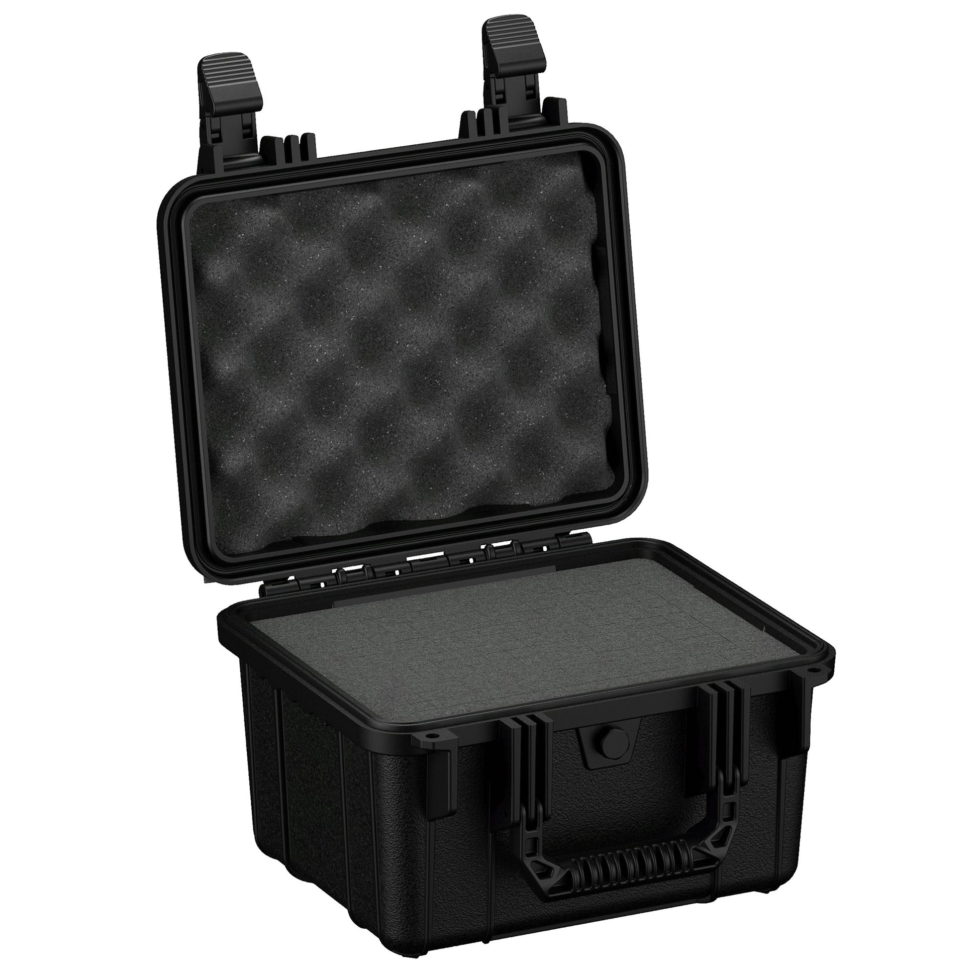 Alt text: "11-inch small black protective hard case, model #185, with foam inserts, open showing both the base and the egg-crate foam-lined lid, featuring rugged exterior and secure latches."