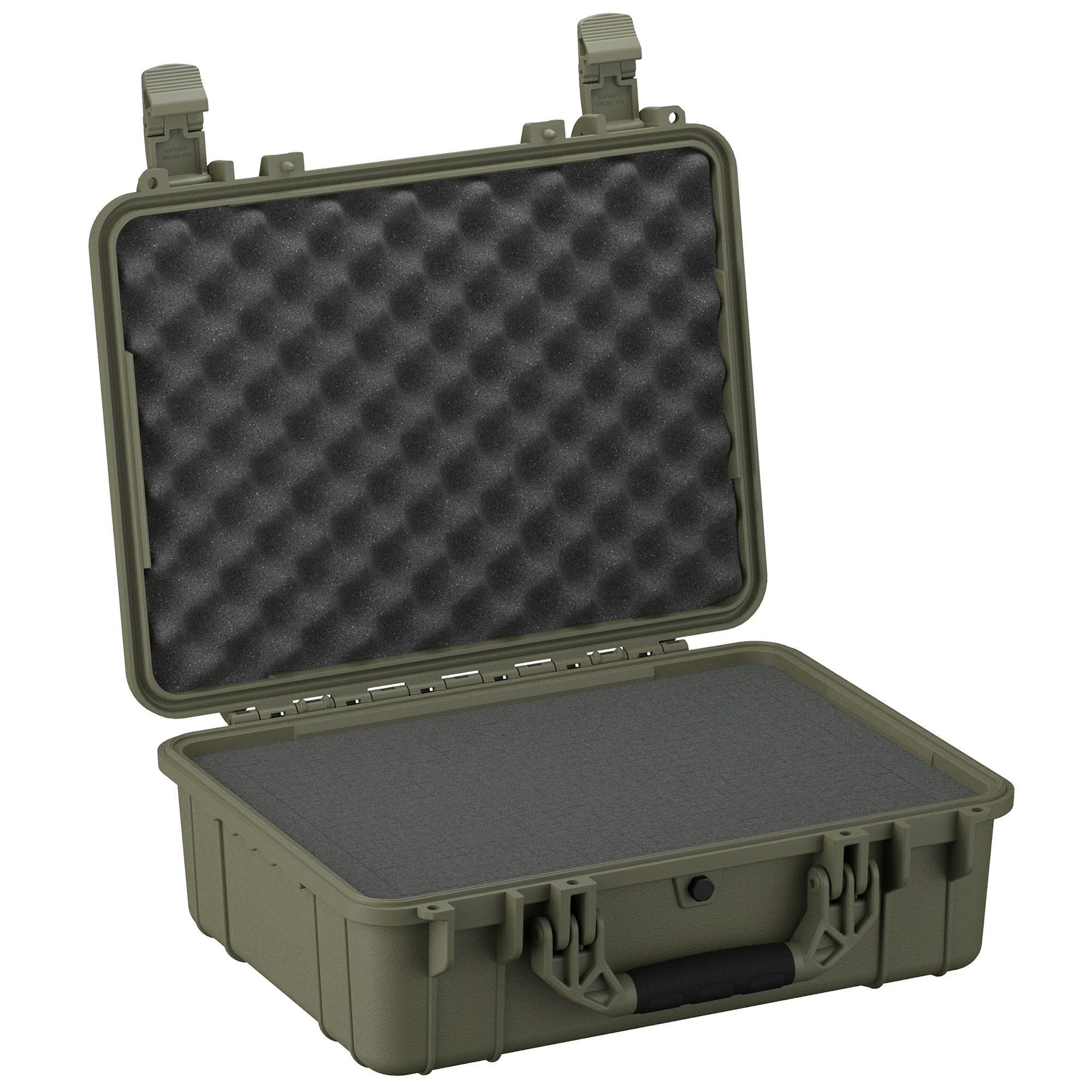 Alt text: "Open 20-inch large protective hard case in olive green, featuring foam-lined interior for cushioning, secure clasps, and sturdy handle, ideal for safeguarding sensitive equipment."