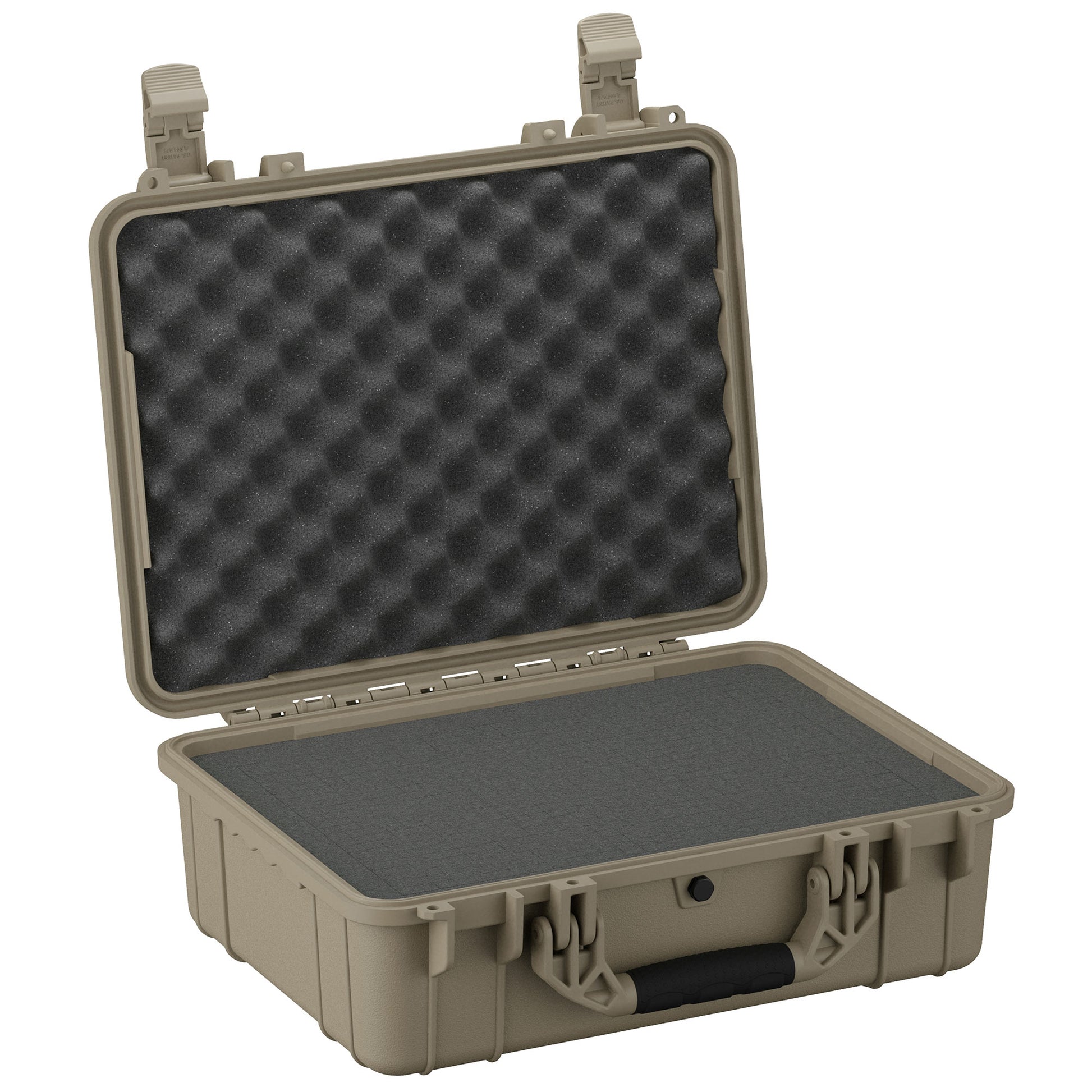 Alt text: "Open 20-inch large protective case #227 with foam interior, showcasing egg-crate foam lid and flat foam base in a durable khaki-colored plastic exterior, featuring robust latches and handle."