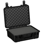 Alt text: "20-inch large black protective case open, displaying foam inserts in both the base and the lid, with rugged exterior and dual locking clasps, model number 227."