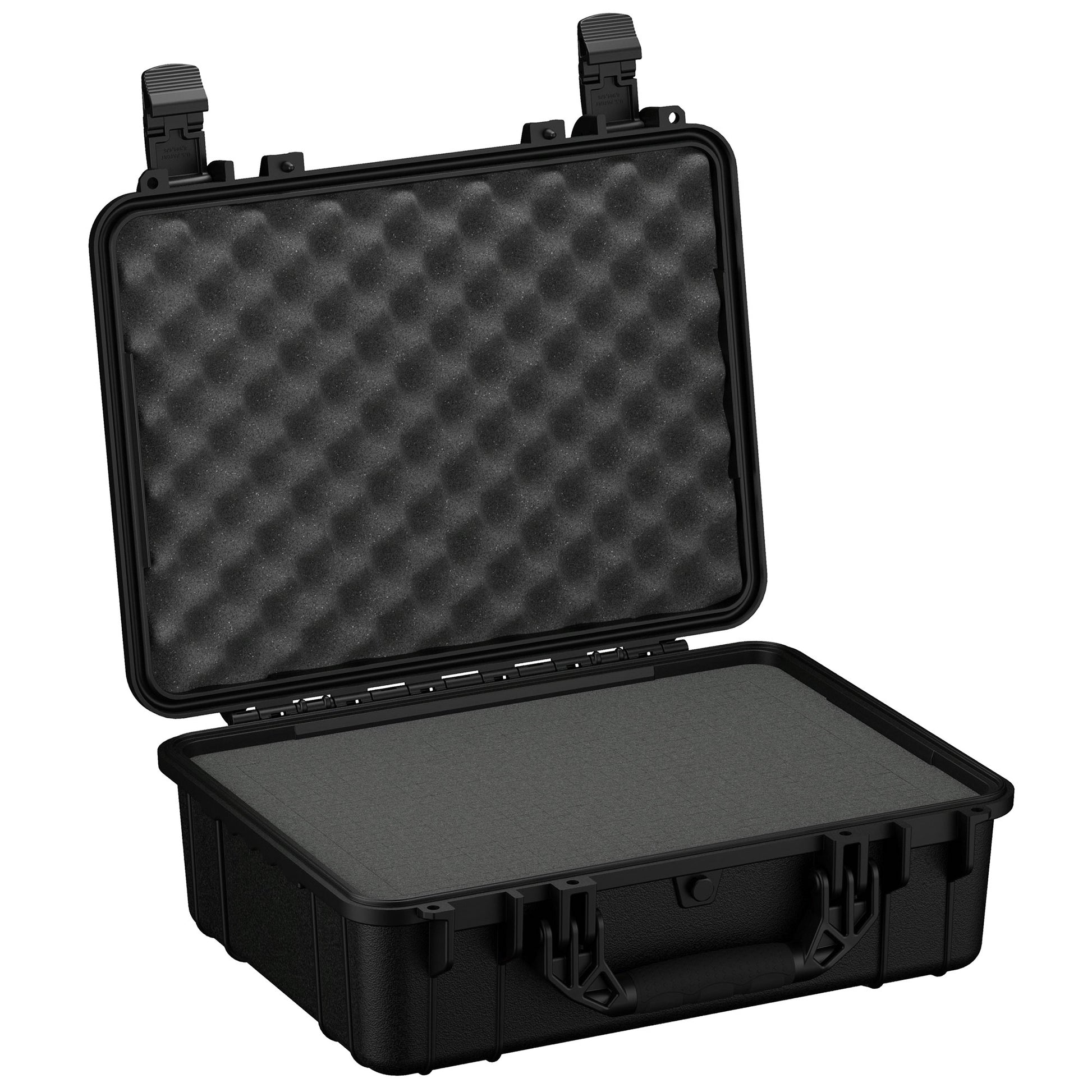Alt text: "20-inch large black protective case open, displaying foam inserts in both the base and the lid, with rugged exterior and dual locking clasps, model number 227."