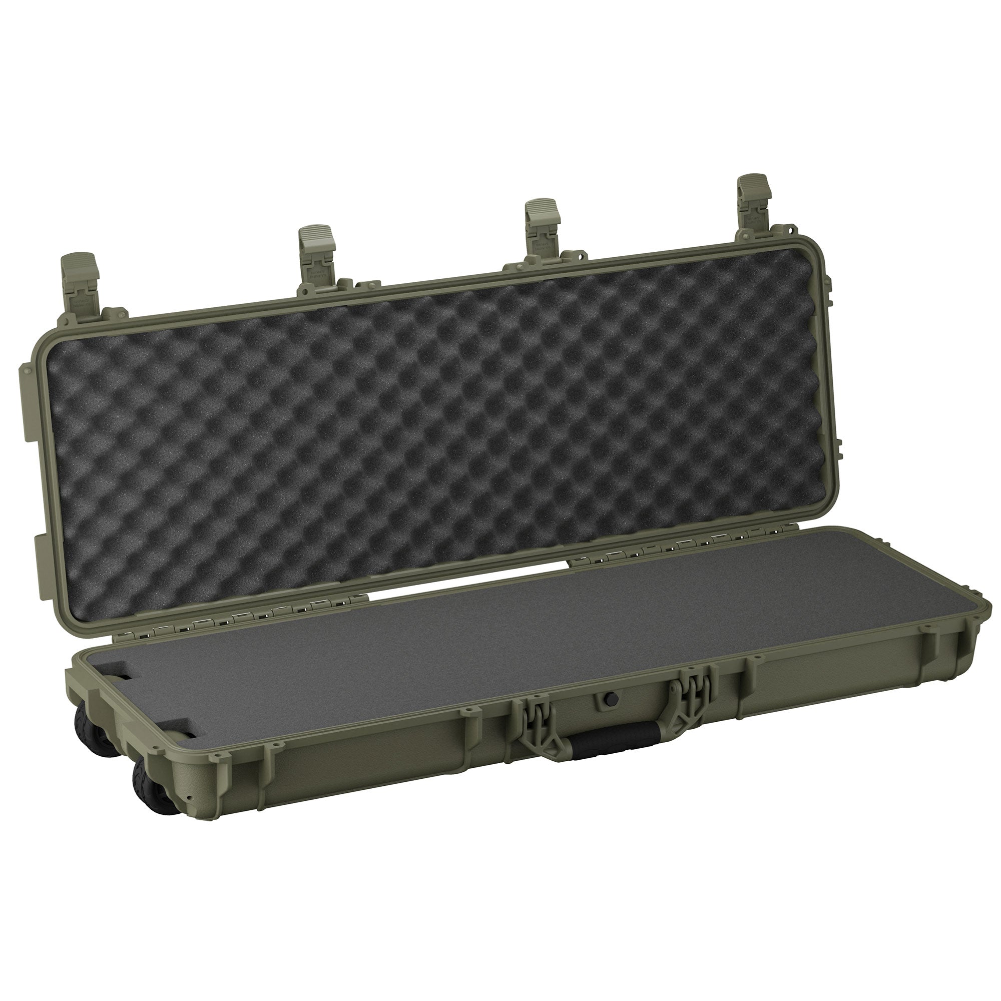 Open 45-inch long green protective case with foam padding and egg crate foam interior for secure storage.