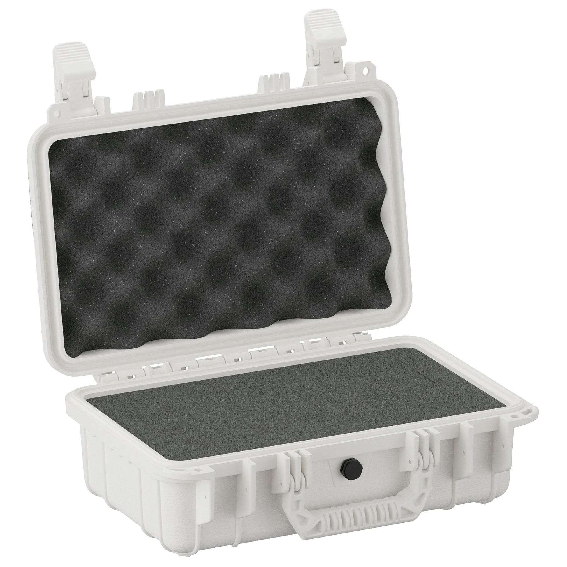 Alt text: "Open 13-inch small protective case, model #232, displaying foam padding inside the lid and the base, in a durable white exterior with dual latches and a handle."