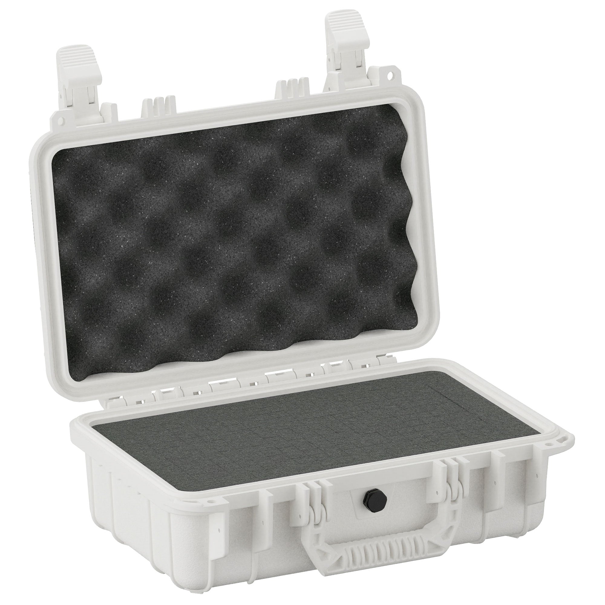 Alt text: "Open 13-inch small protective case, model #232, displaying foam padding inside the lid and the base, in a durable white exterior with dual latches and a handle."