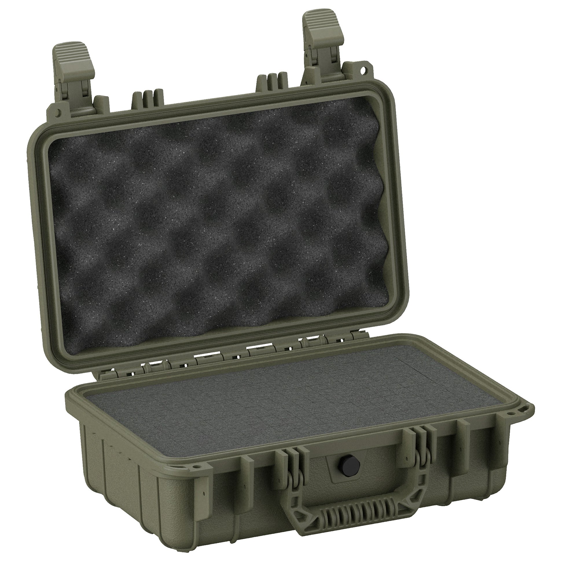 Alt text: "Olive green, rugged small protective case, model #232, measuring 13 inches, displayed open with foam padding on both the top and bottom sections for shock absorption."