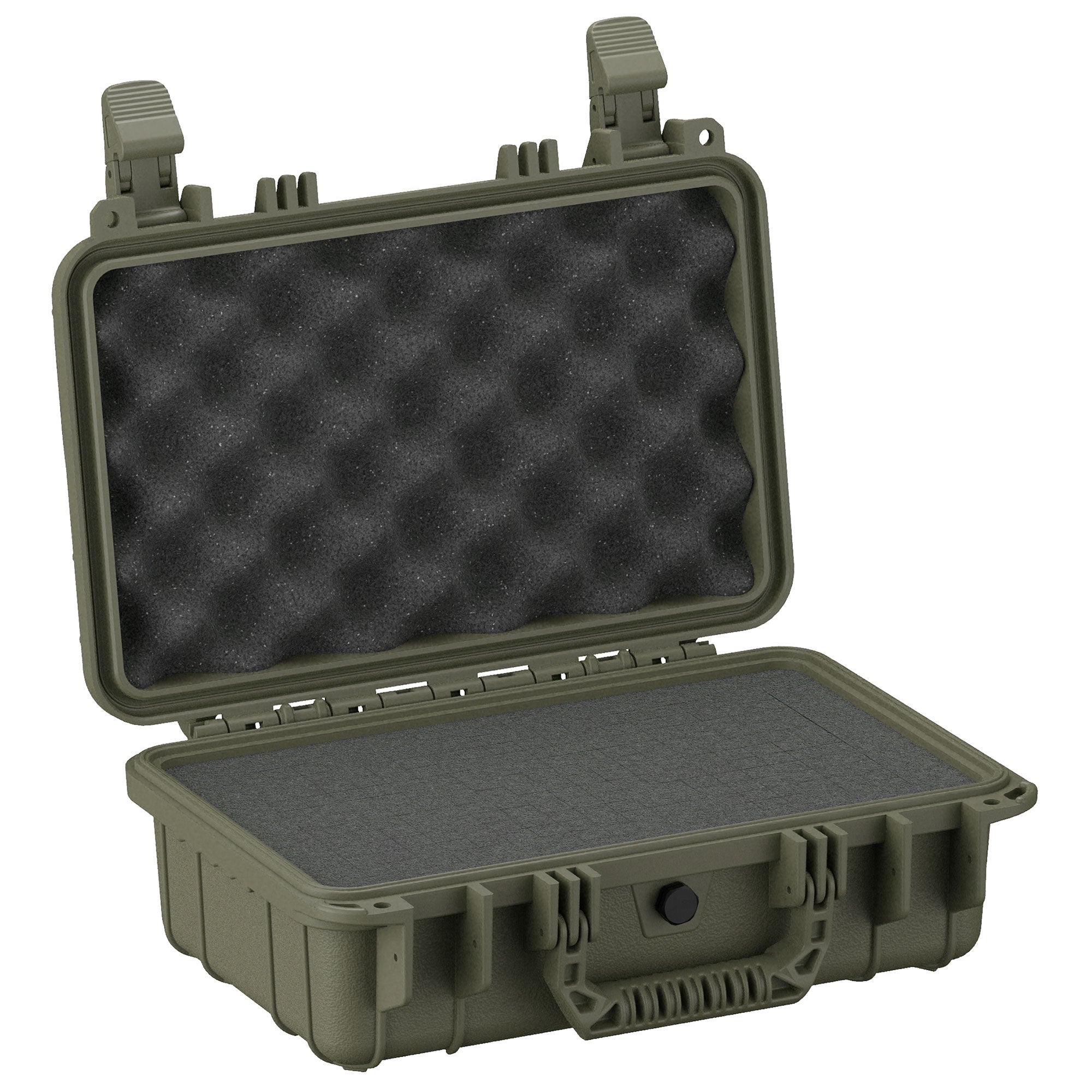Alt text: "Olive green, rugged small protective case, model #232, measuring 13 inches, displayed open with foam padding on both the top and bottom sections for shock absorption."