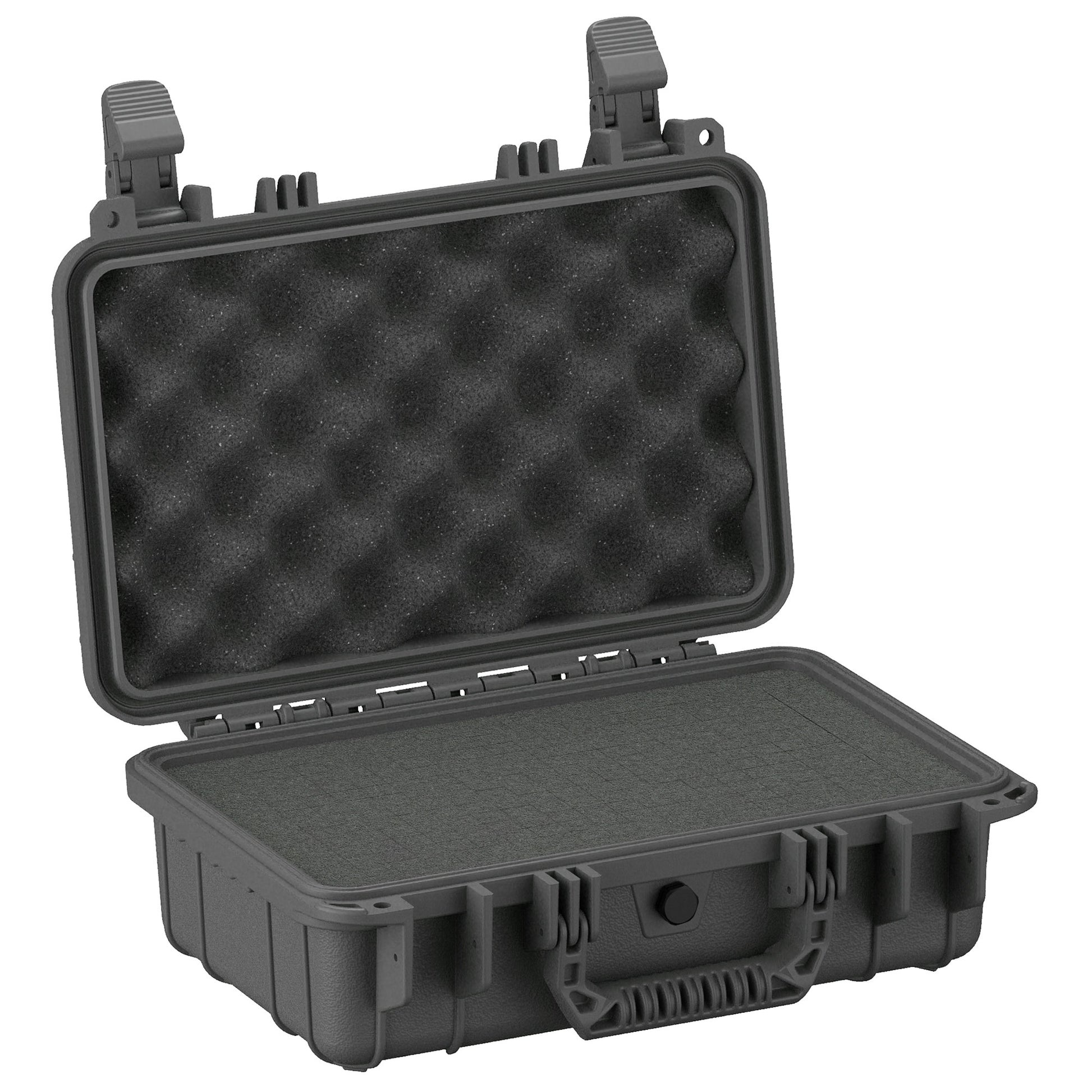 Alt text: "Open 13-inch small protective case (#232) with rugged exterior and foam-lined interior, featuring an egg-crate foam lid and a flat foam base, designed to safeguard contents from shock and impact."