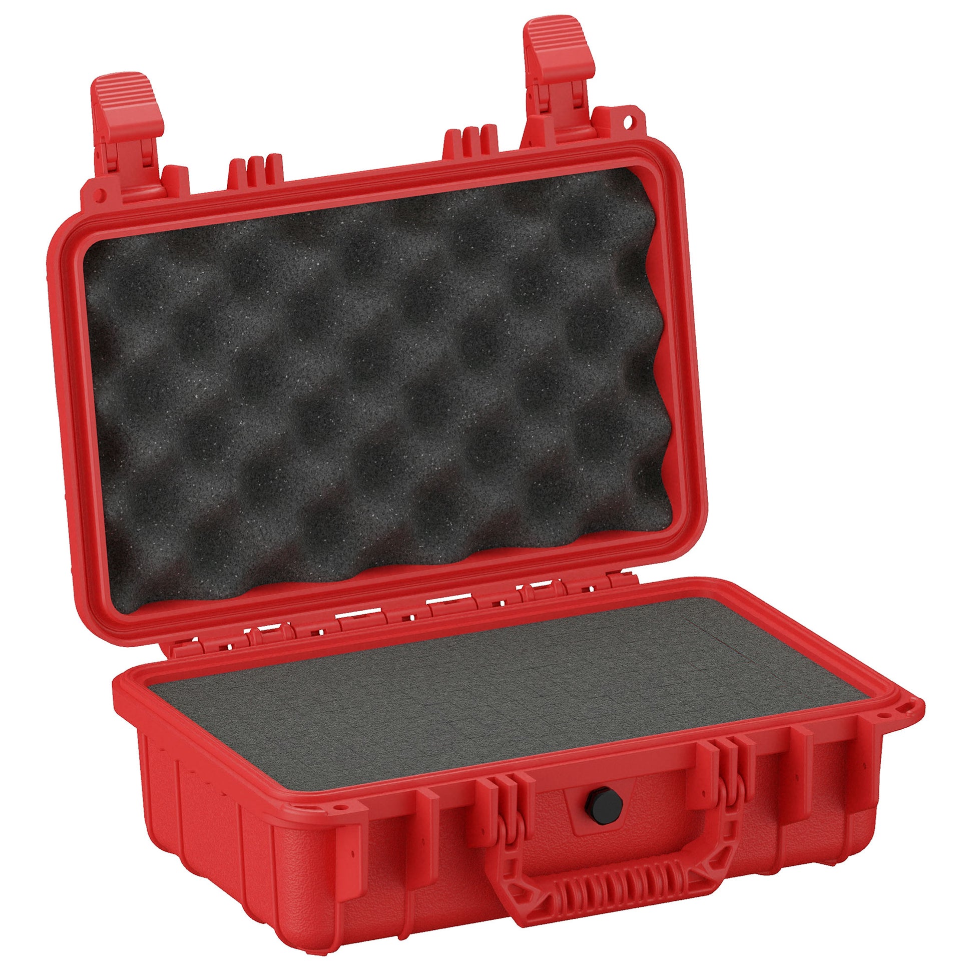 Red hard shell protective case, 13 inches, open displaying customizable foam inserts for secure equipment storage.