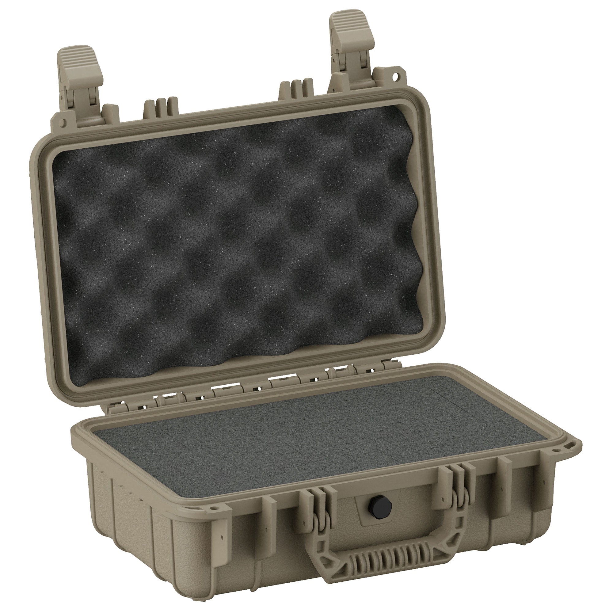 Alt text: "Open 13-inch small protective case #232 in olive green with dual foam interior; top layer is egg-crate foam and bottom layer is flat foam, featuring sturdy latches and hinge design."