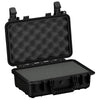 Alt text: "13-inch durable black protective case, open view showing both eggshell foam interior in the lid and flat foam lining in the base, with sturdy double latch closure and robust handle."
