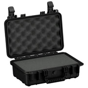 Alt text: "13-inch durable black protective case, open view showing both eggshell foam interior in the lid and flat foam lining in the base, with sturdy double latch closure and robust handle."