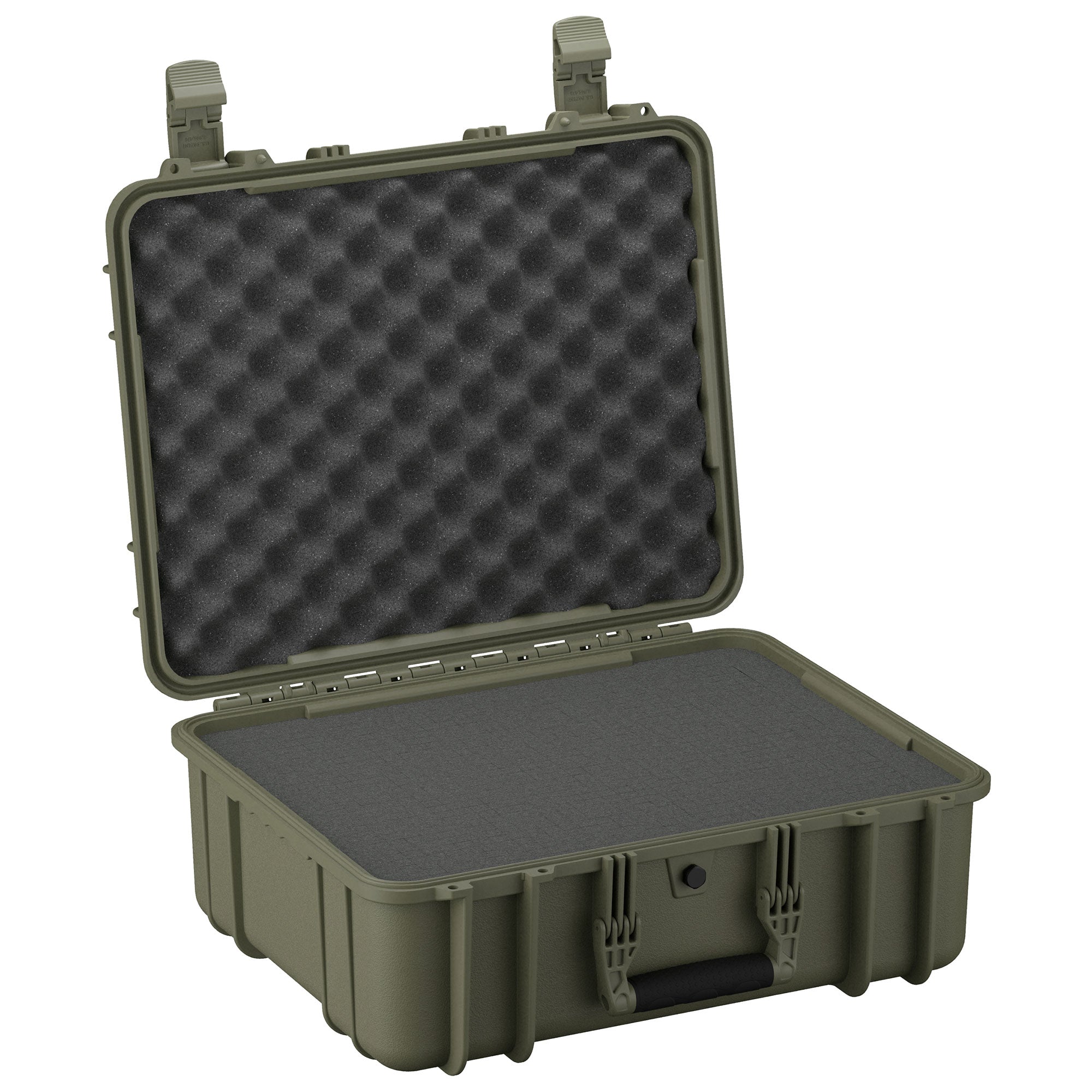 Alt text: "20-inch large olive green protective hard case with an open lid, displaying egg-crate foam interior on the top and flat foam on the bottom, designed for secure storage and transportation of delicate items."