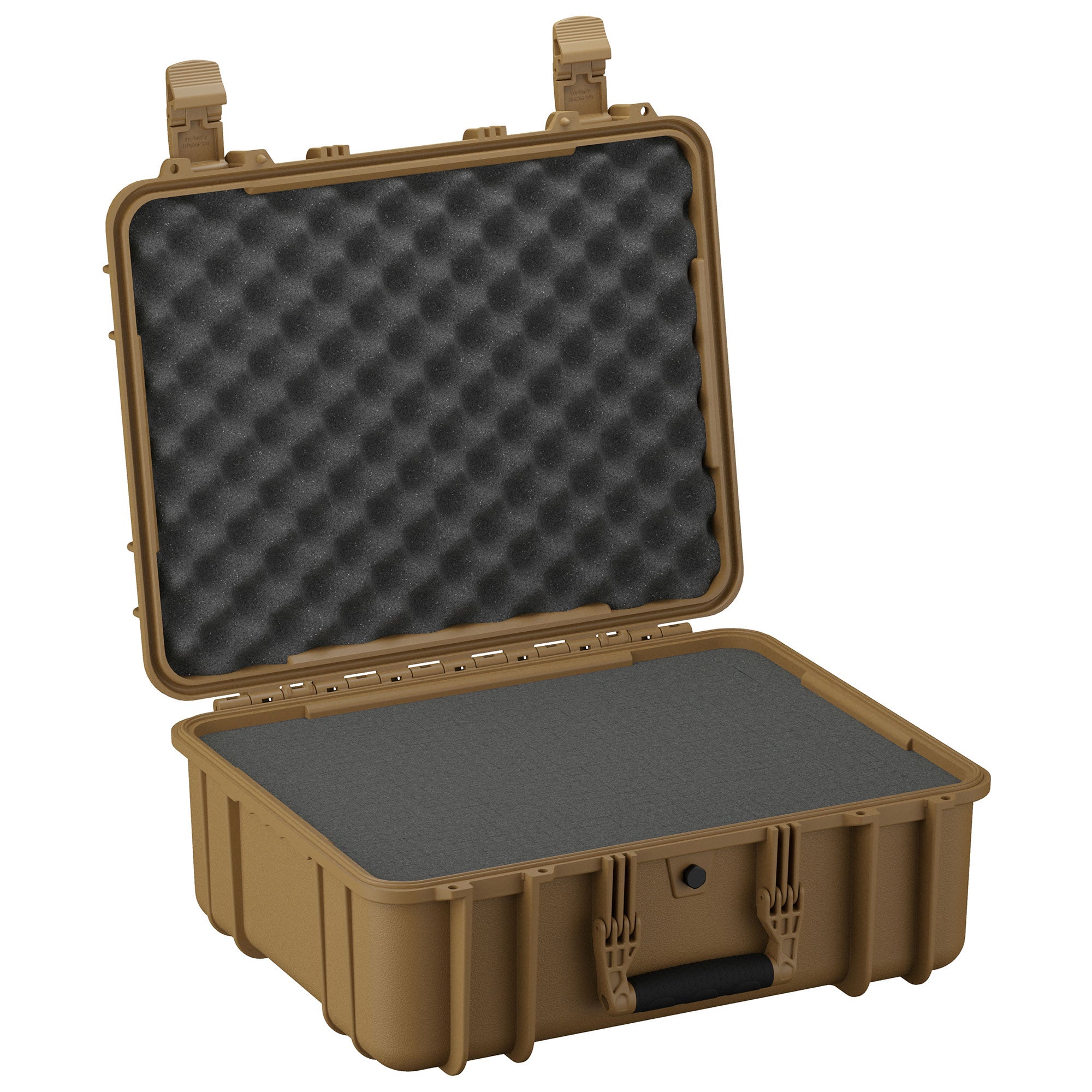 Alt text: "Open 20-inch large protective case in olive green with textured foam interior on both base and lid, featuring rugged handles and secure closures."