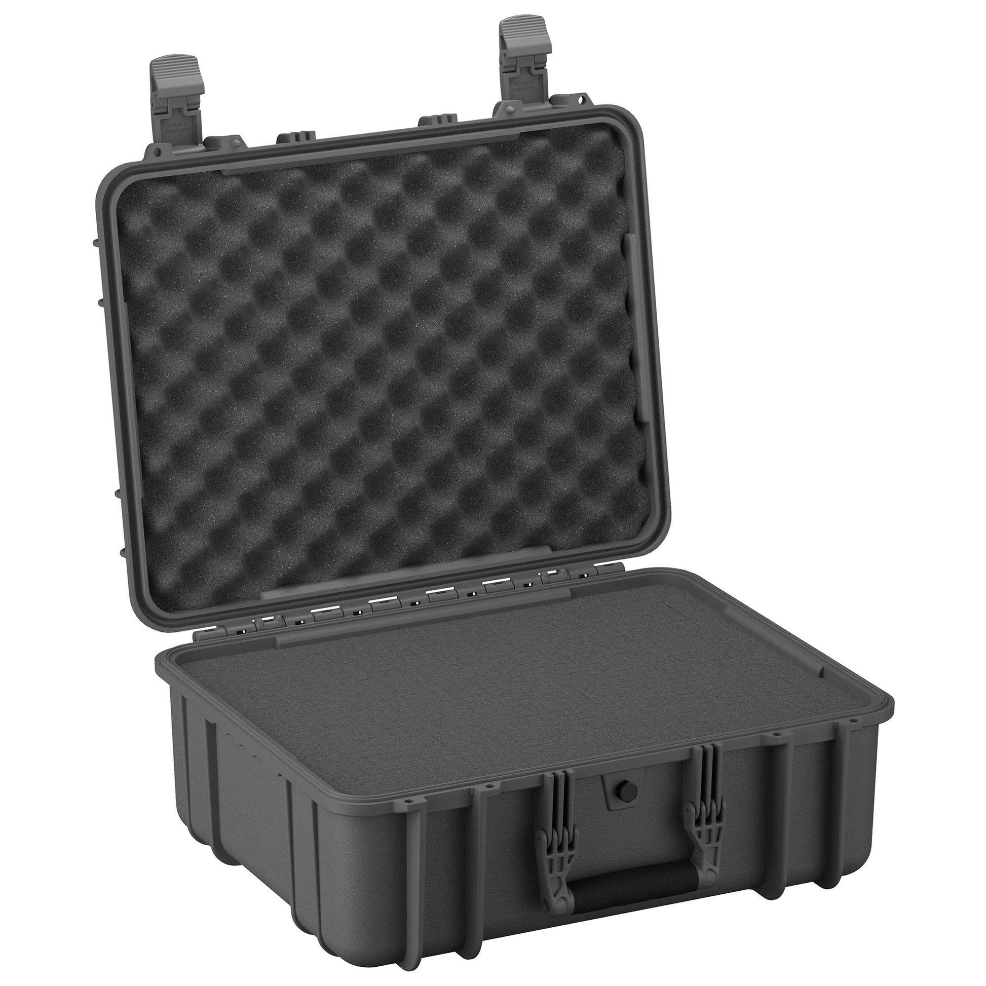 Alt text: "20-inch large protective hard case in dark gray with a durable exterior, open, revealing foam interior with egg-crate foam lining on the lid and flat foam padding in the base, suitable for securing and cushioning equipment."