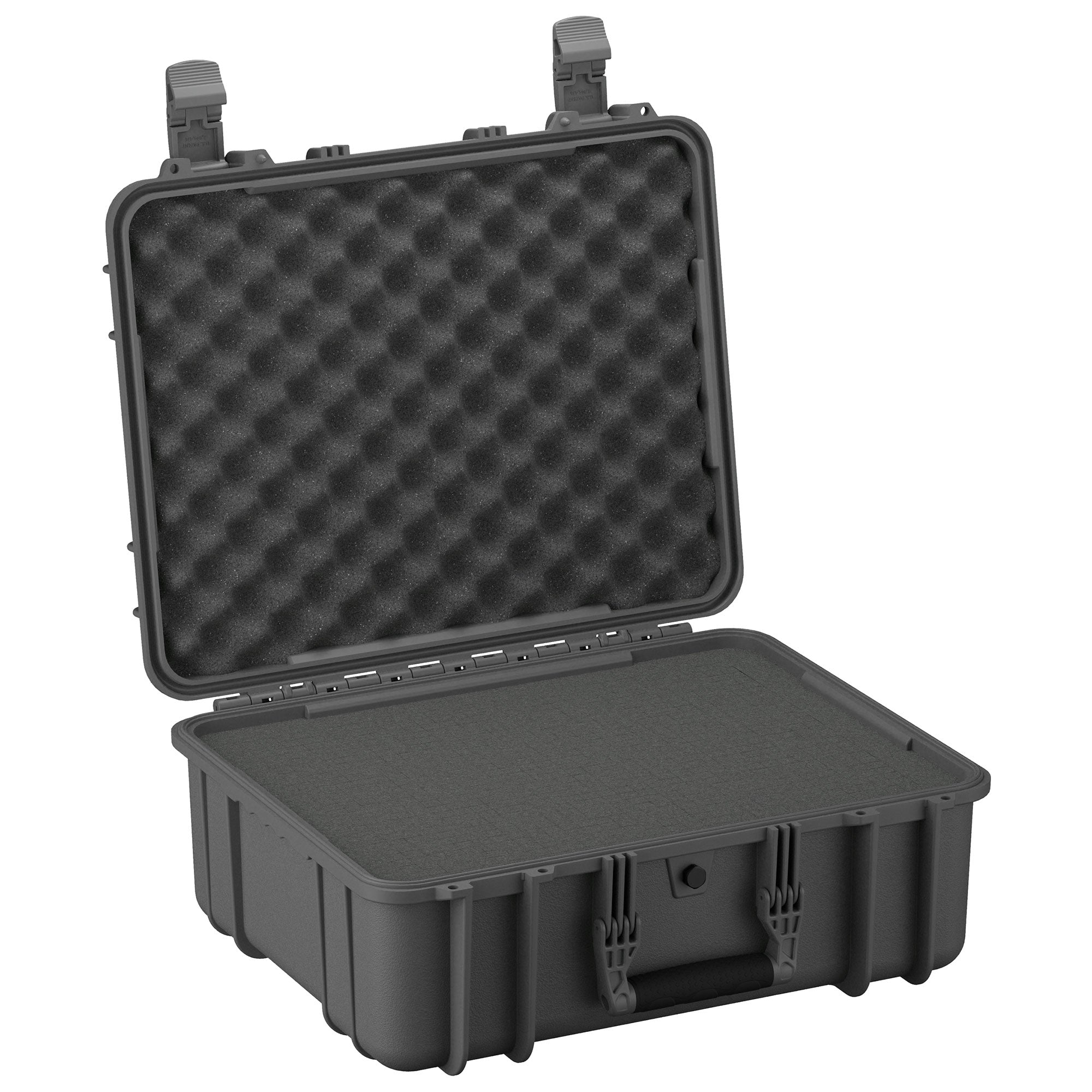 Alt text: "20-inch large protective hard case in dark gray with a durable exterior, open, revealing foam interior with egg-crate foam lining on the lid and flat foam padding in the base, suitable for securing and cushioning equipment."