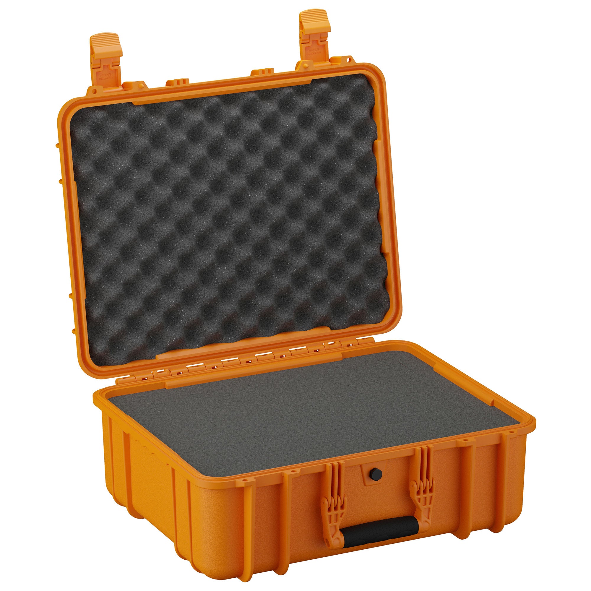 Alt text: "Open large 20-inch protective case in bright orange with durable exterior and black foam inserts on both base and lid for equipment cushioning."