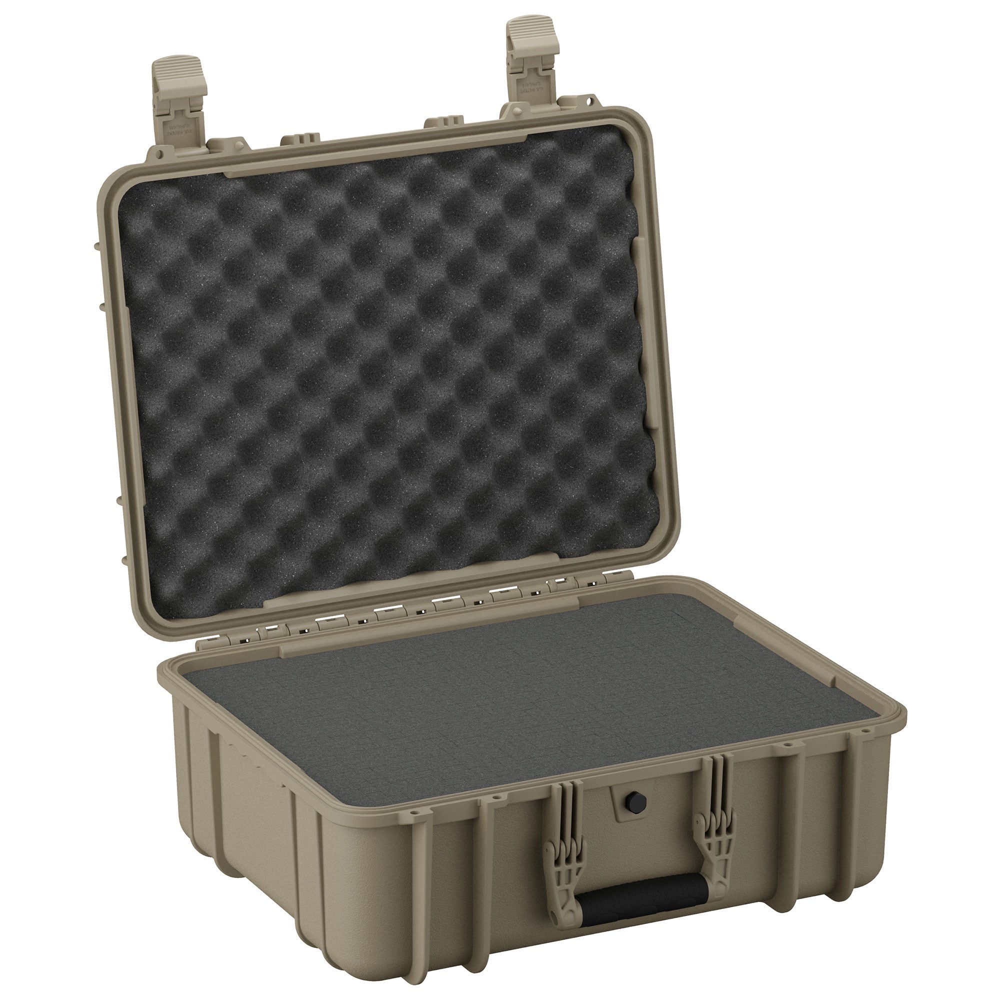 Alt text: "20-inch large, durable case in olive green, open to show foam inserts in both the base and the lid for protection, featuring dual latches and a handle."